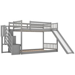 Twin Over Twin Bunk Bed With Convertible Slide And Stairway - Gray
