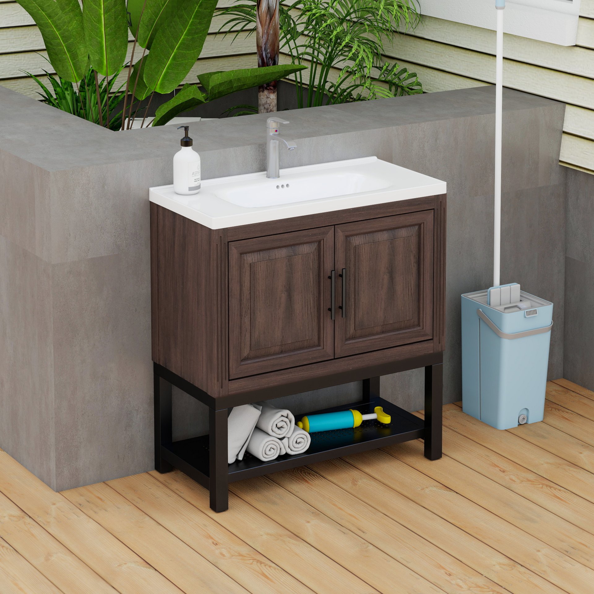 Modern Freestanding Bathroom Vanity With White Ceramic Sink, Hot And Cold Faucet, 2 Door Cabinet & Open Iron Shelf, Magnesium Oxide And Iron Frame - Walnut - Image 5