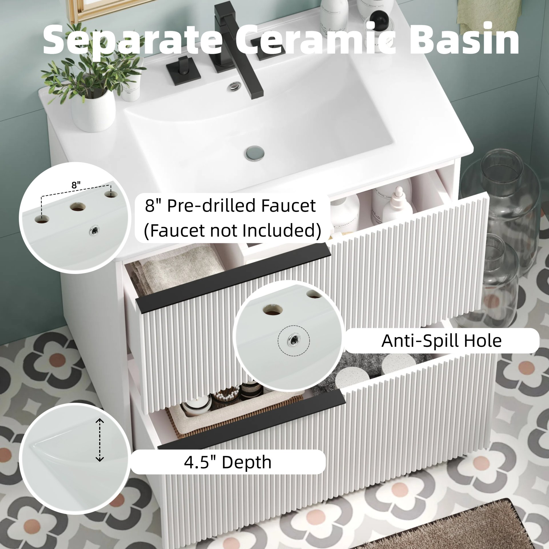 Fluted Bathroom Vanity With Sink, Full Extension Drawers, Soft Close Slides - White - Image 8