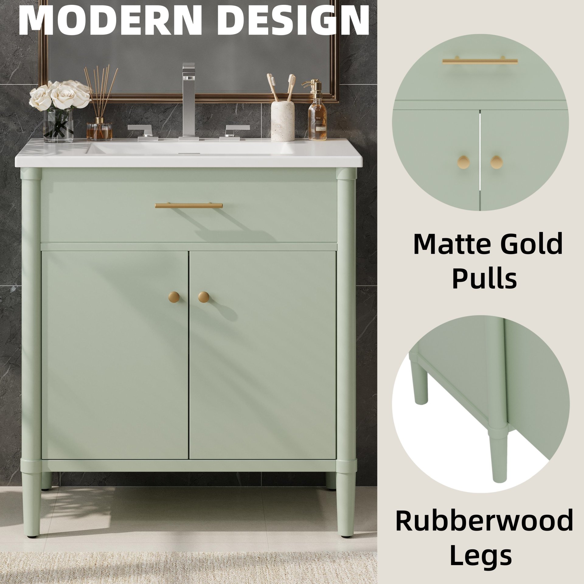 Bathroom Vanity With Sink, Soft Close Doors And Adjustable Shelf, Curved Profile Design - Green - Image 7