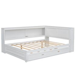 Full Size Daybed With Storage Shelves, LED, USB, And Trundle - White