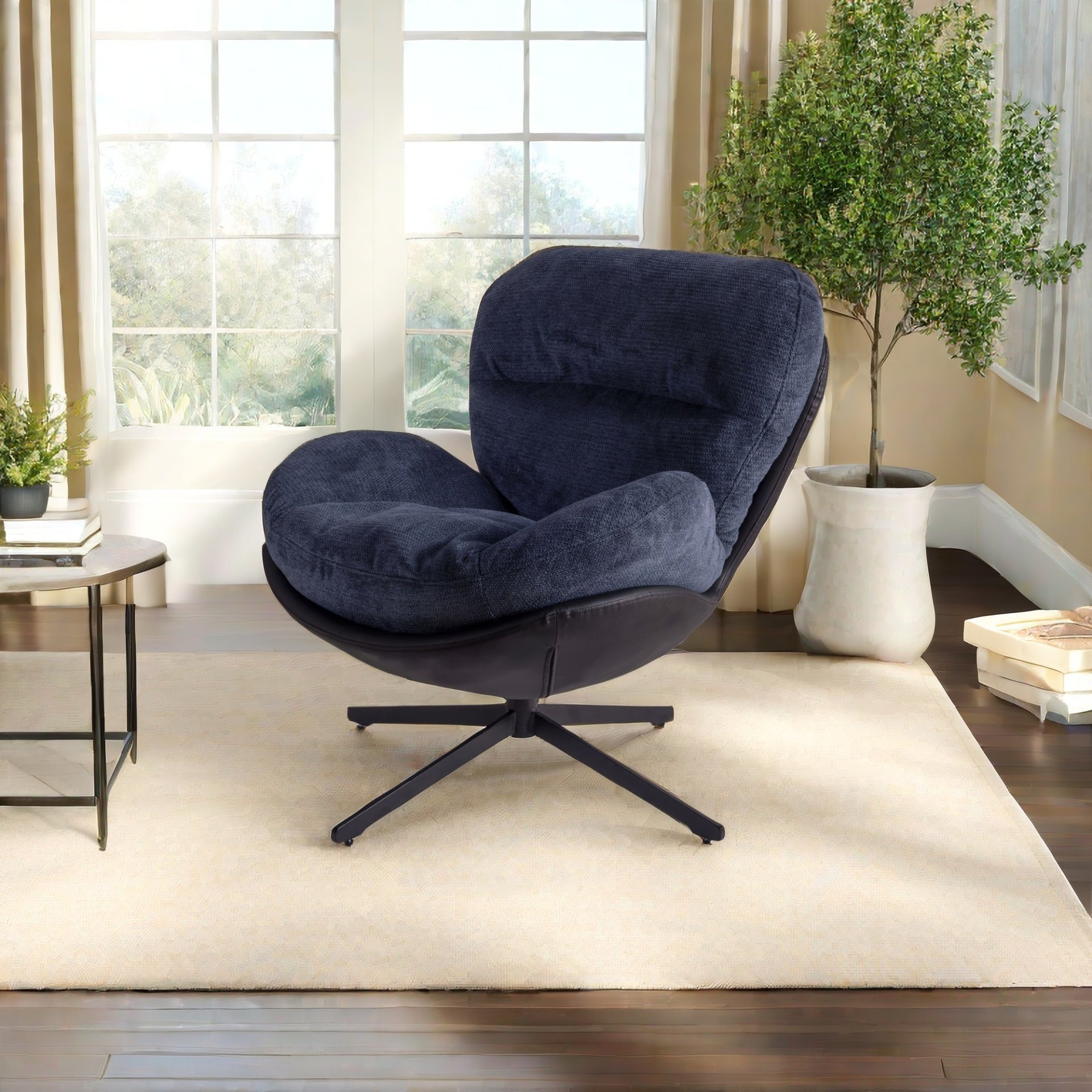 360° Swivel Office Chair, Modern Chenille Chair With And Metal Base Frame, No Wheels, Accent Chair - Dark Blue - Image 10