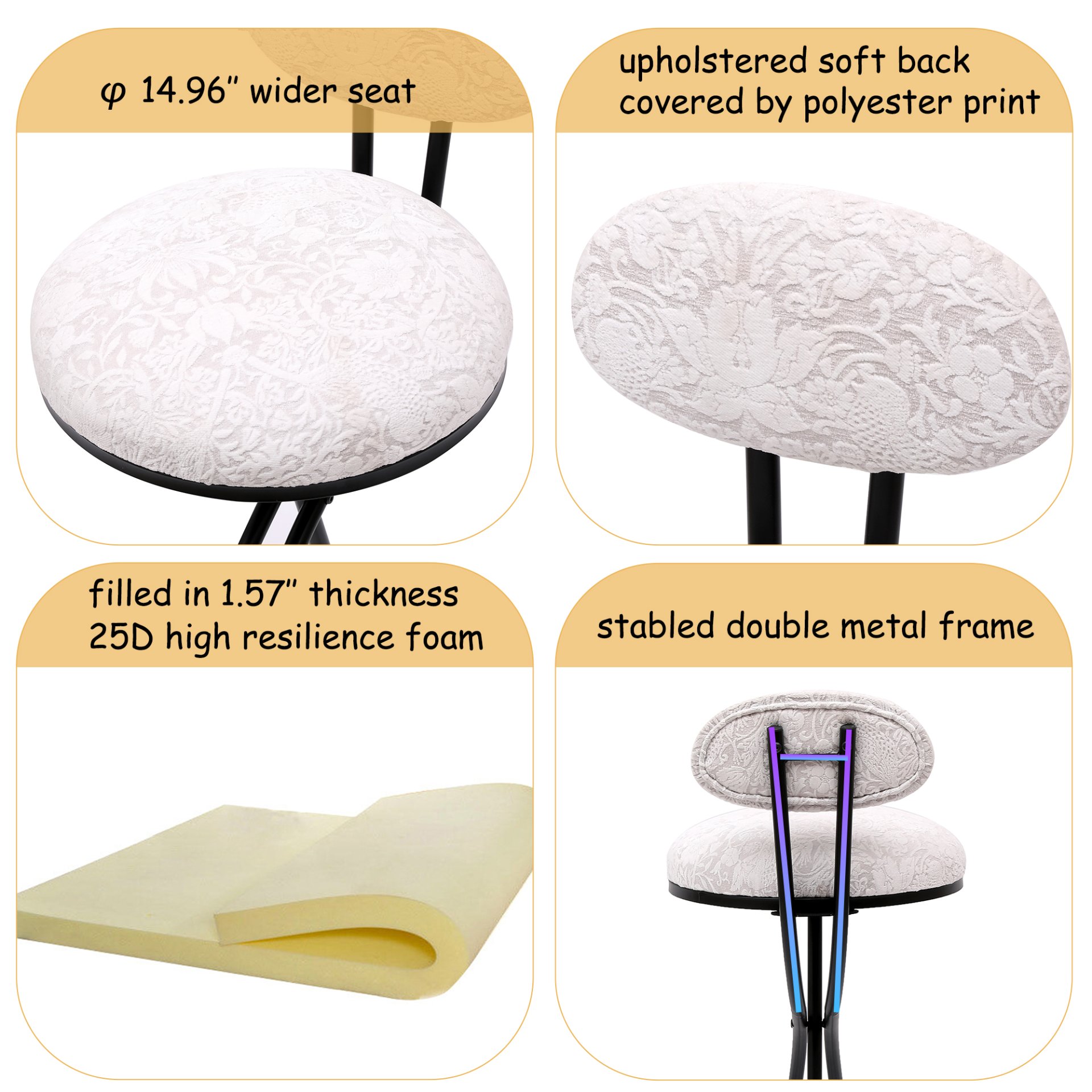 Round Print Bar Stools (Set of 2) Metal Upholstered Chairs For Kitchen Island & Dining Rooms - Black & White Print - Image 6