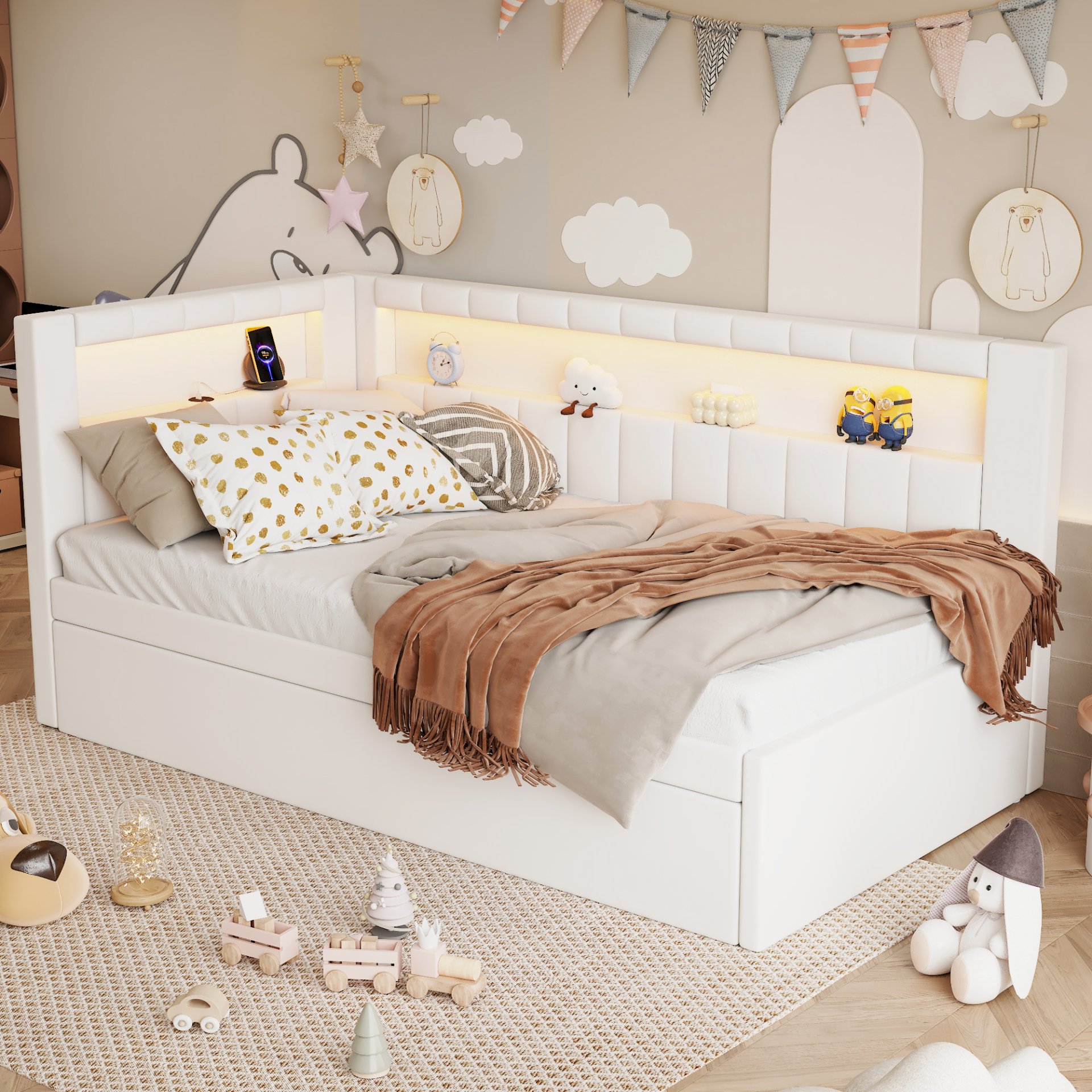 Twin Upholstered Platform Bed With USB Ports And LED Belt, Includes Trundle - White - Image 5