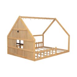 Full Size House Bed With Window And Fence - Natural