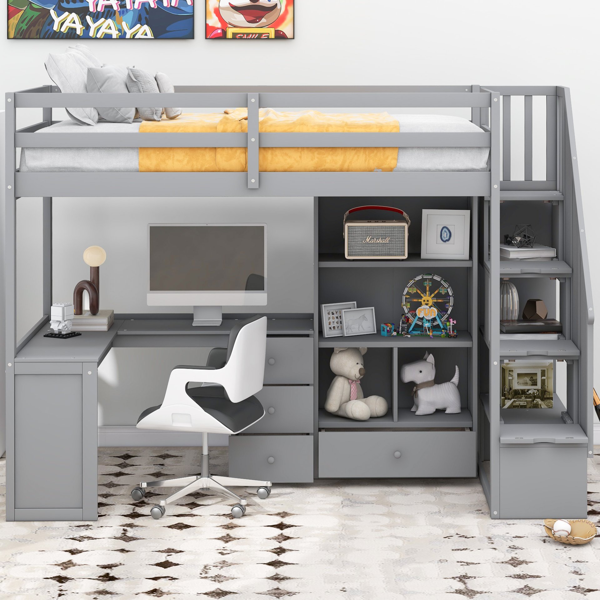Twin Size Loft Bed With L-Shaped Desk, Drawers, Cabinet And Storage Staircase - Gray - Image 4