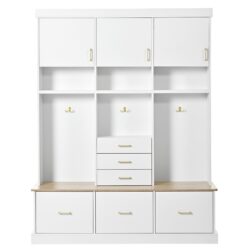 Entryway Hall Tree With Bench And Storage, 5 In 1 Coat Rack, 6 Drawers, 3 Cabinets And 3 Tier Top Storage - White