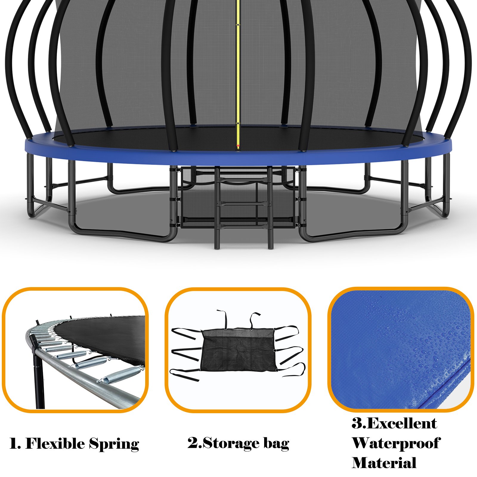 Outdoor Trampoline For Kids And Adults, Pumpkin Trampolines With Curved Poles, Heavy Duty Trampoline Anti-Rust Coating Astm Approval - Blue - Image 10