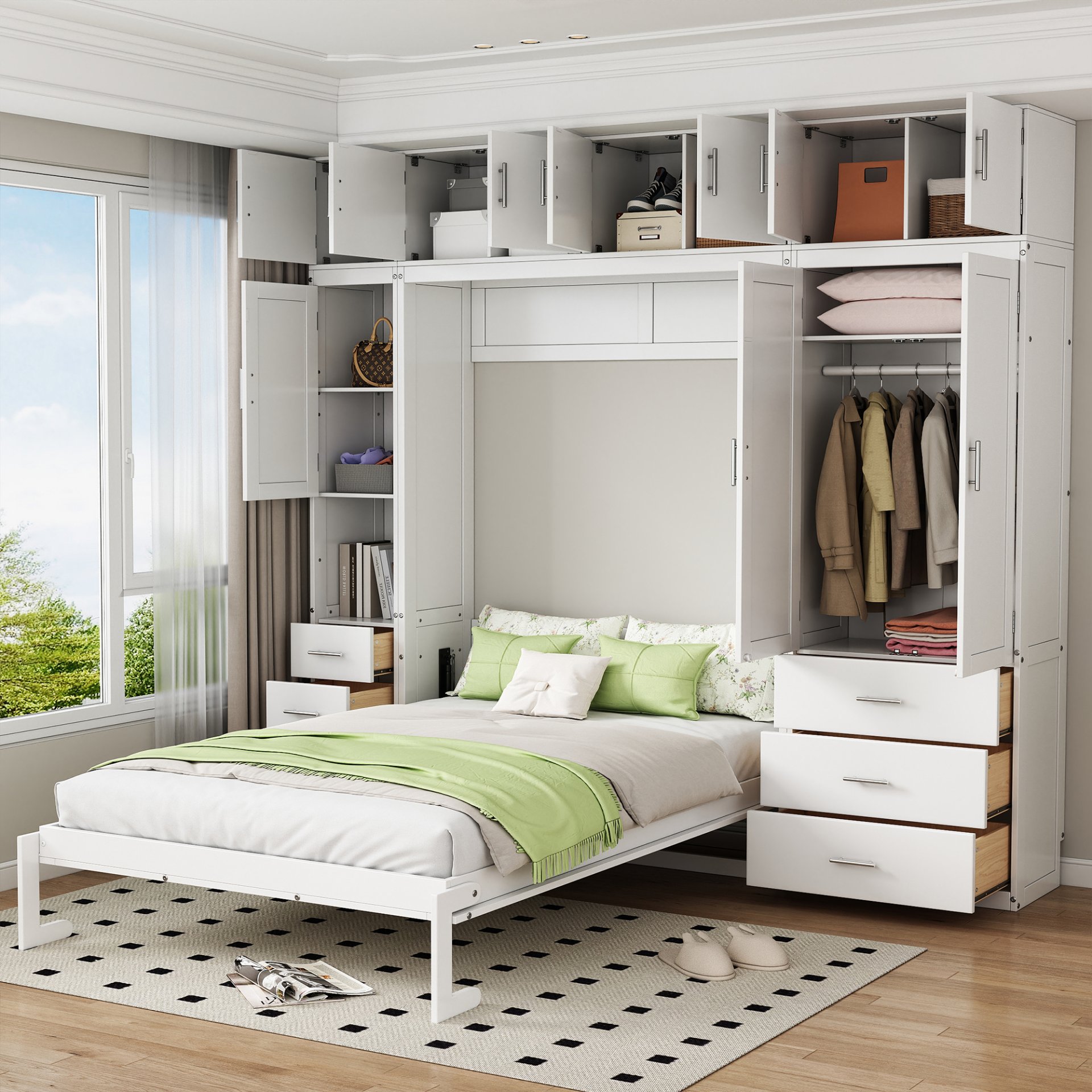 Full Size Murphy Bed With Lockers And Wardrobes - White - Image 4