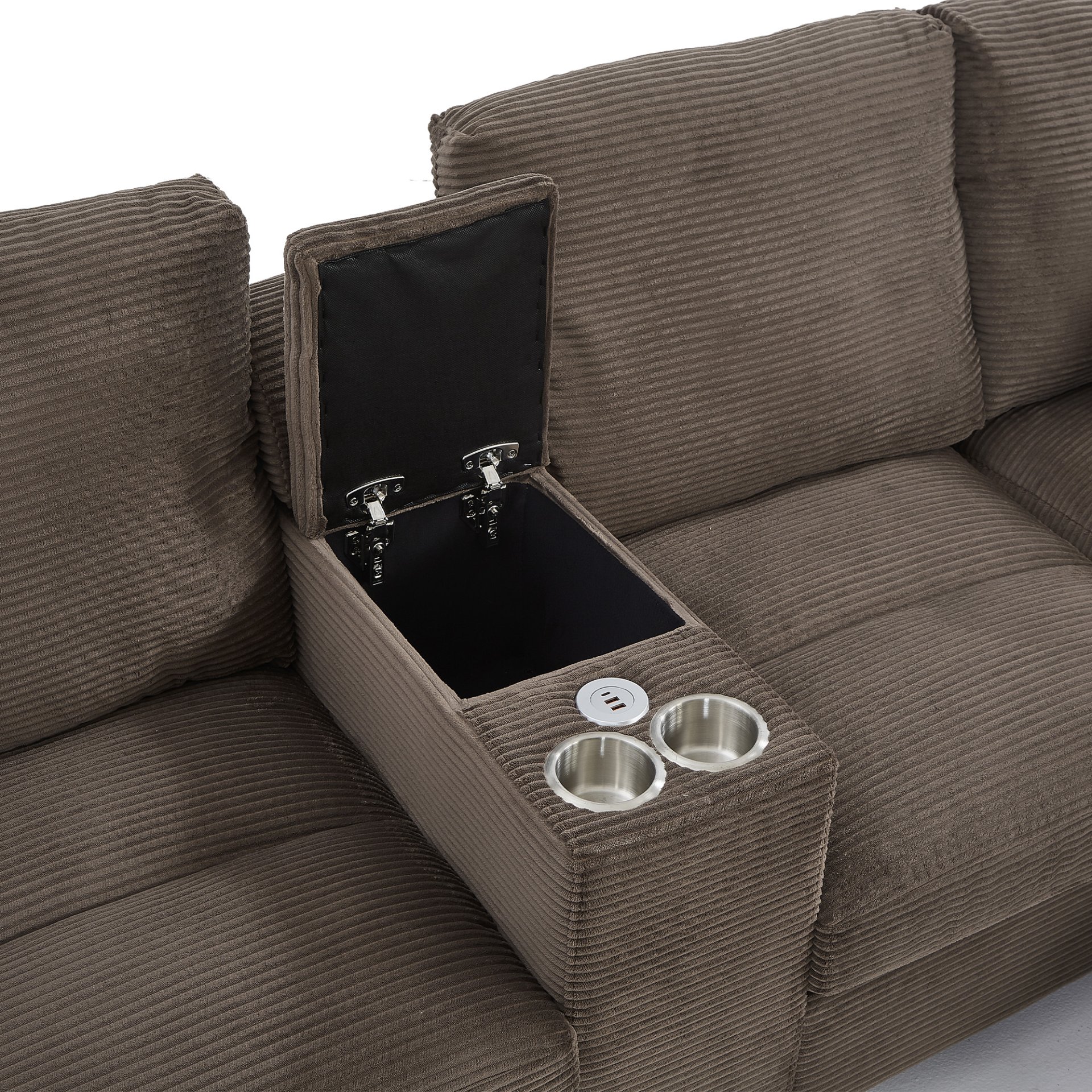 U-Shaped Sectional Sofa, Hidden Storage Ottomans, USB Ports, And Cup Holders - Brown - Image 11