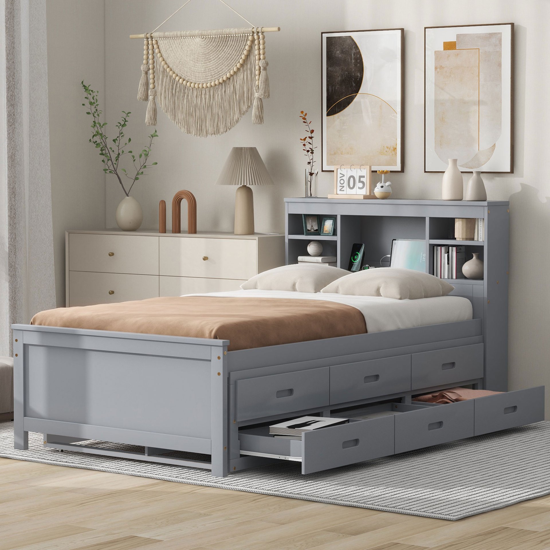 Twin Size Platform Bed With Storage Headboard, USB, Trundle And 3 Drawers - Gray - Image 2