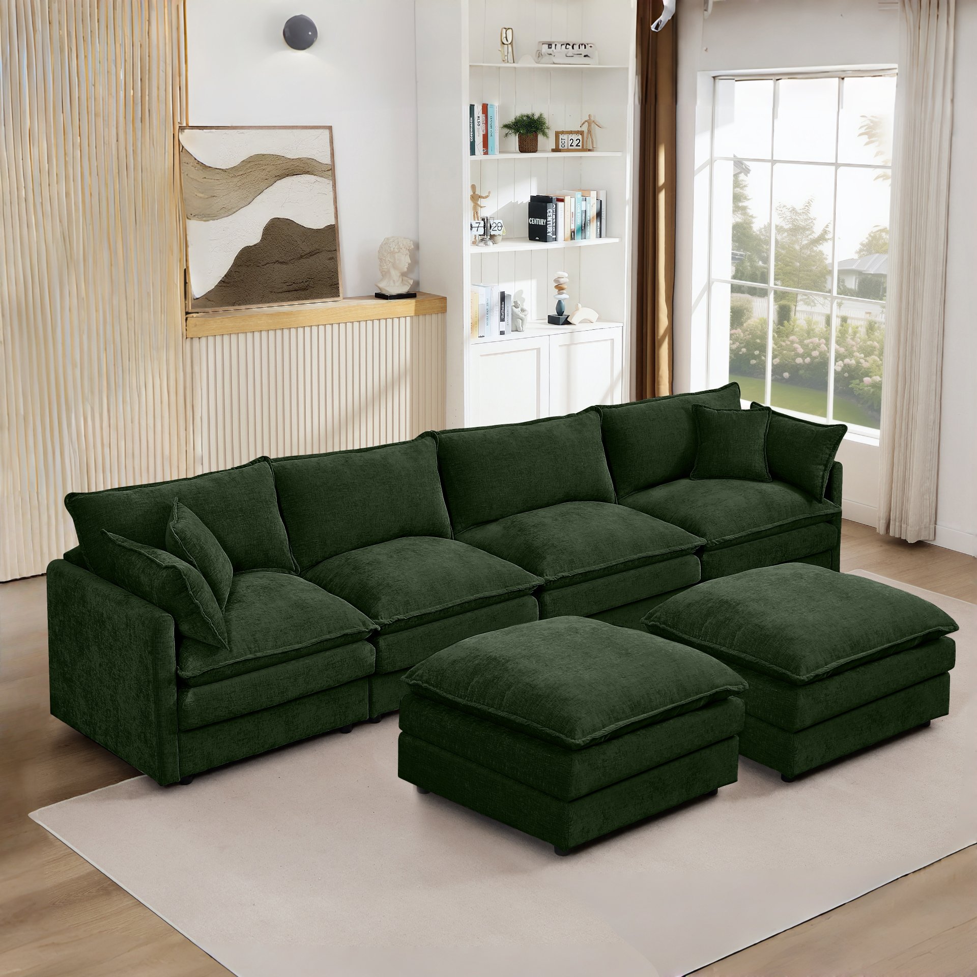 U-Shaped Sectional Sofa, 4 Seater Comfy Cloud Couch With Movable Ottoman - Green - Image 4