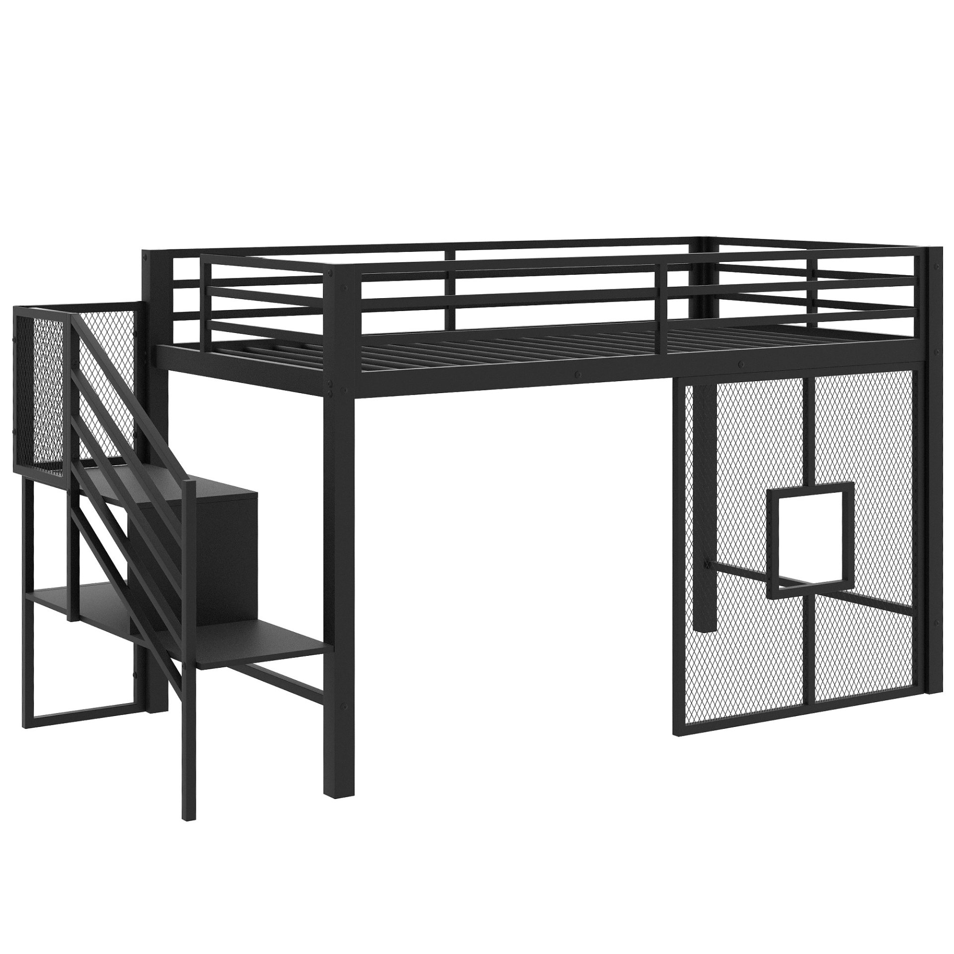 Twin Low Loft Bed Frame With Storage Staircase - Black - Image 7