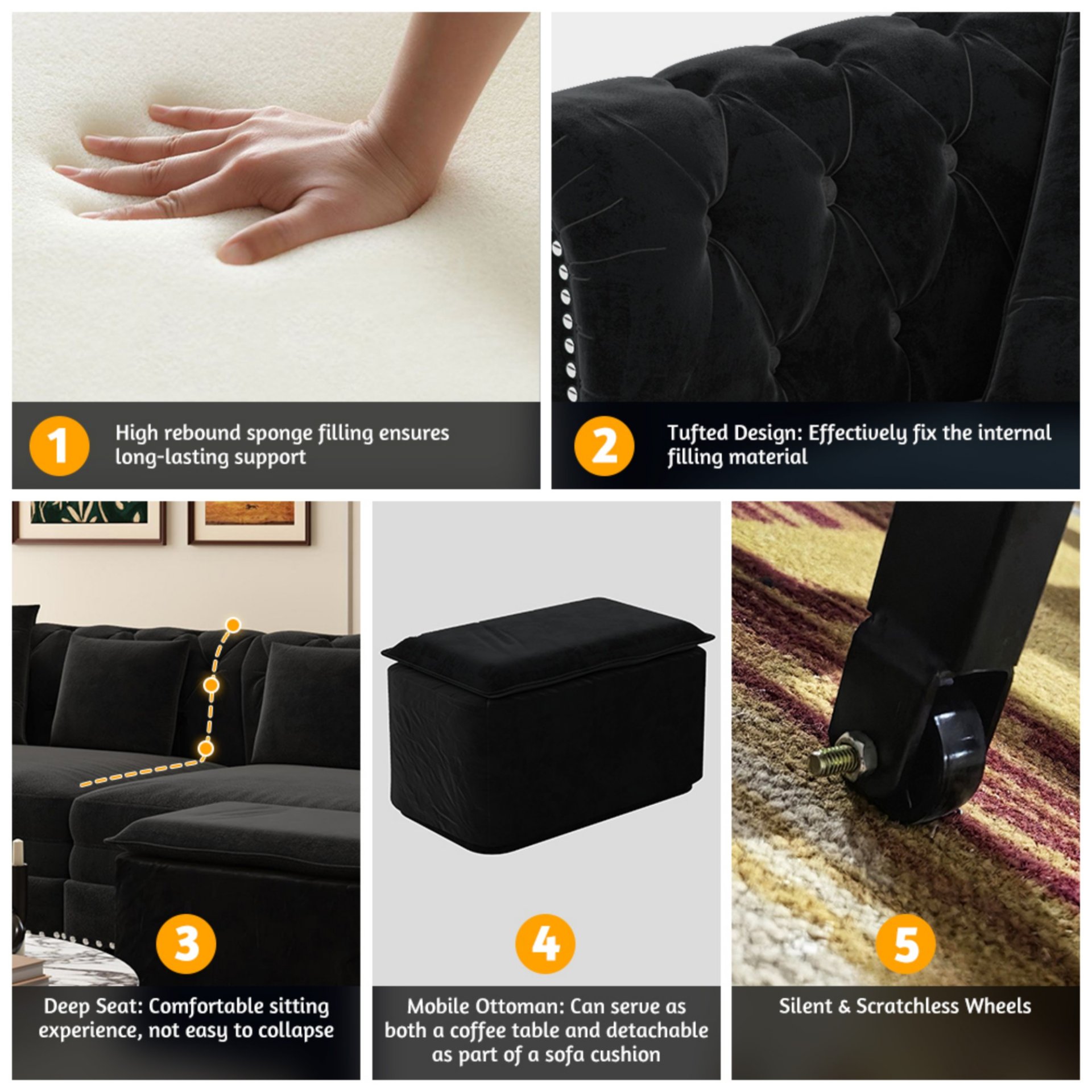 3 In 1 Pull Out Sofa Bed, Convertible Sleeper Sofa Bed, 3 Seater Sofa With Movable Ottoman - Black - Image 13