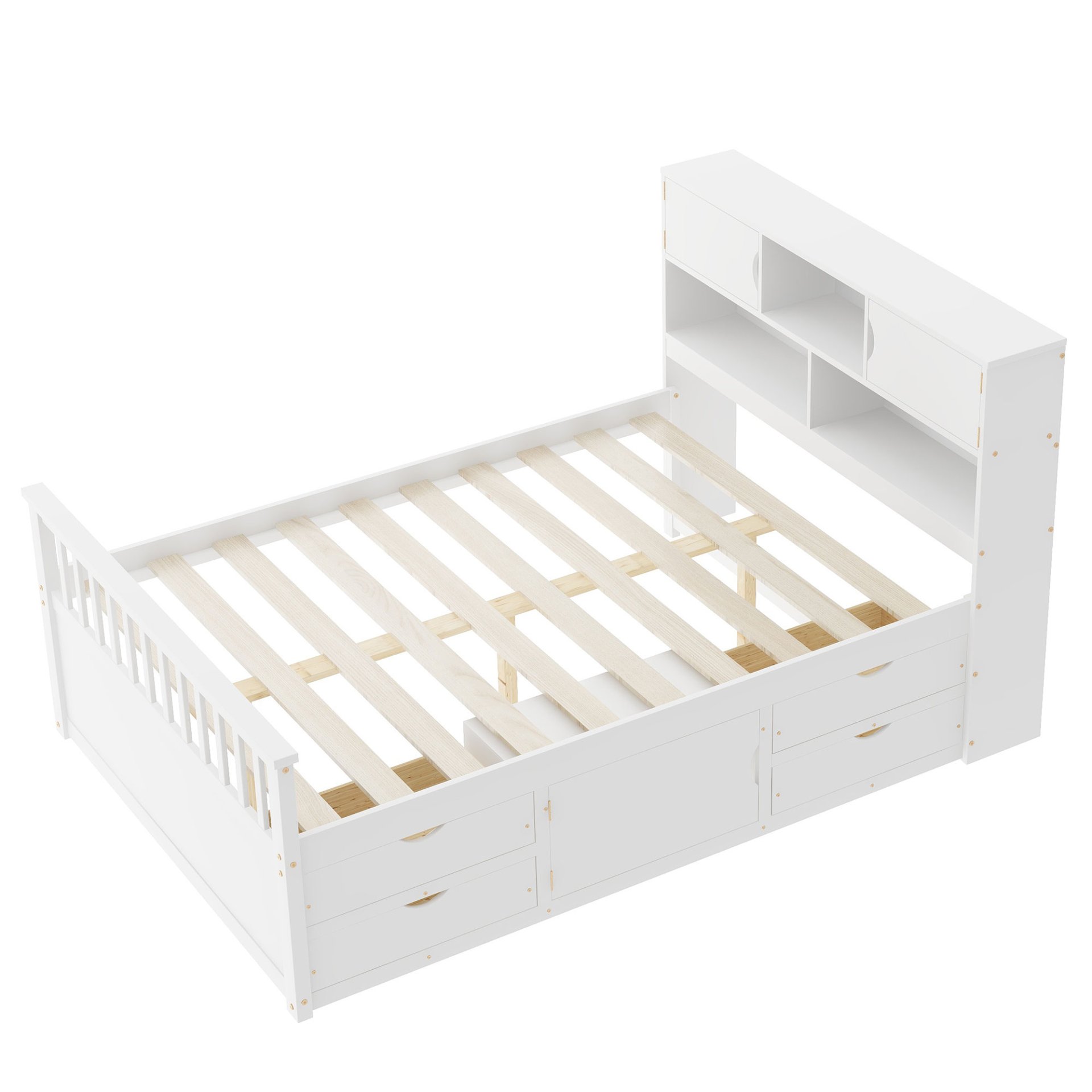 Full Size Captain Platform Bed Frame With Bookcase Headboard, Four Drawers, Storage Shelves - White - Image 13