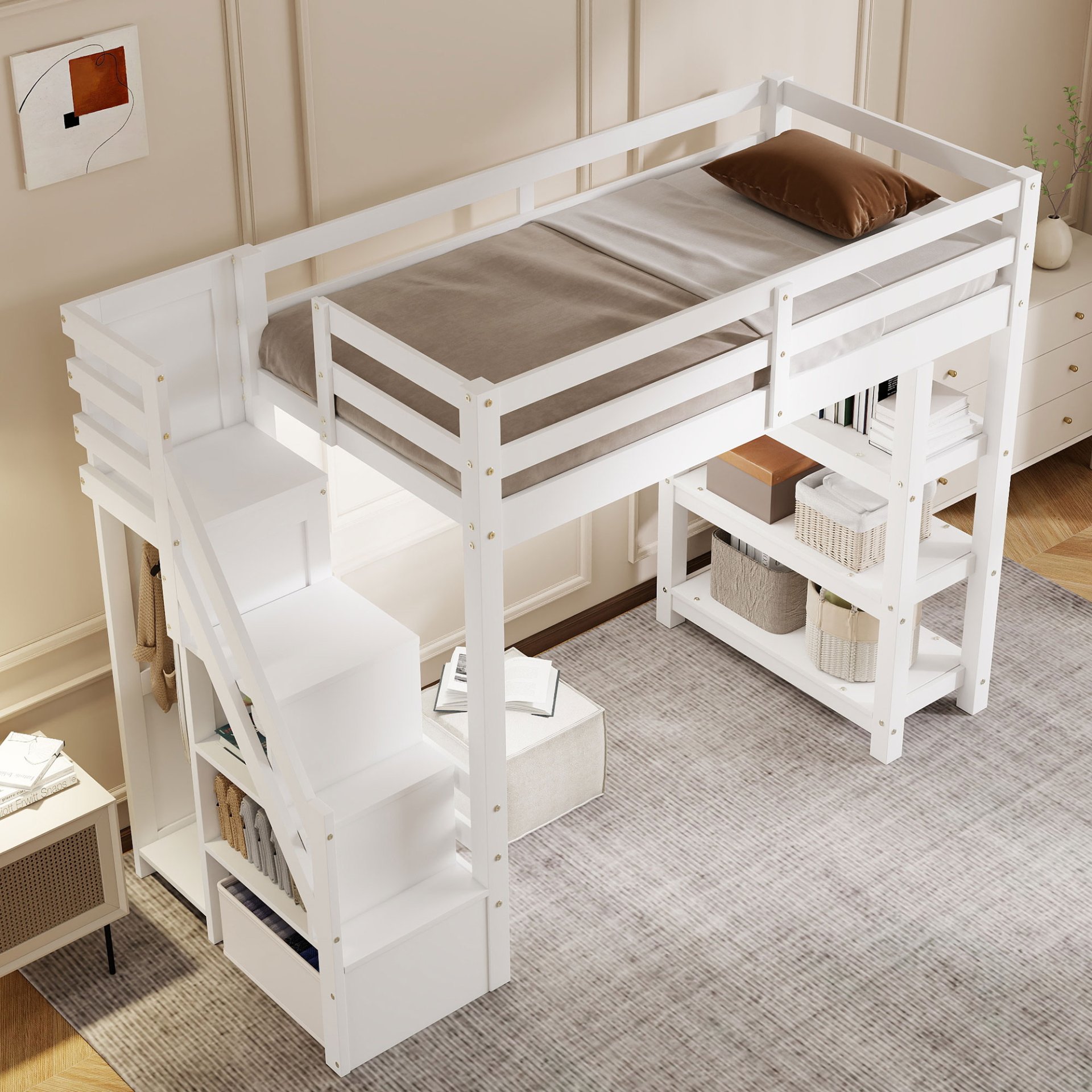Twin Size Loft Bed With 4 Layer Shelves, Storage Staircase, Small Wardrobe And LED Light - White - Image 7