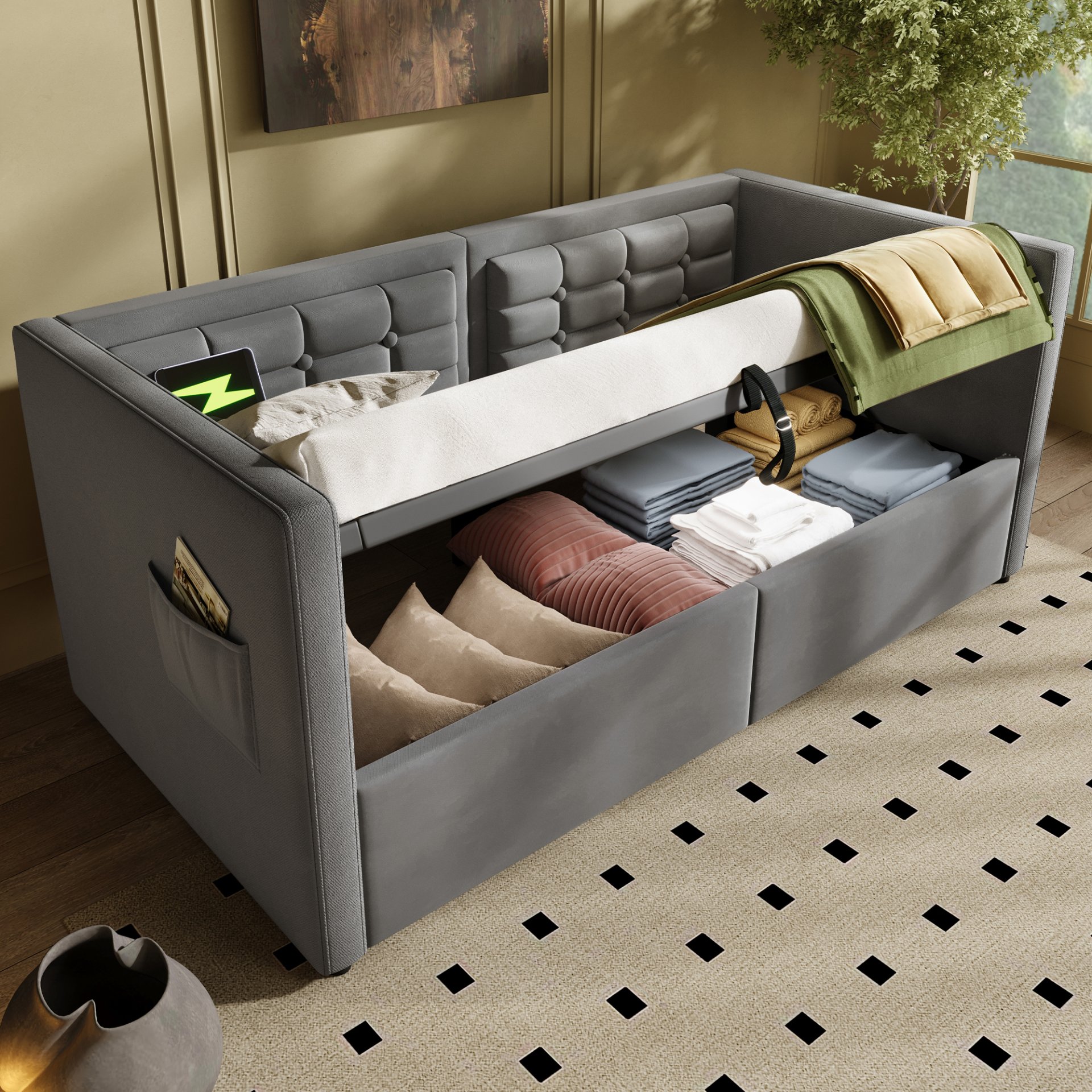 Twin Size Upholstered Hydraulic Storage Daybed With USB & Type C Charging - Gray - Image 14