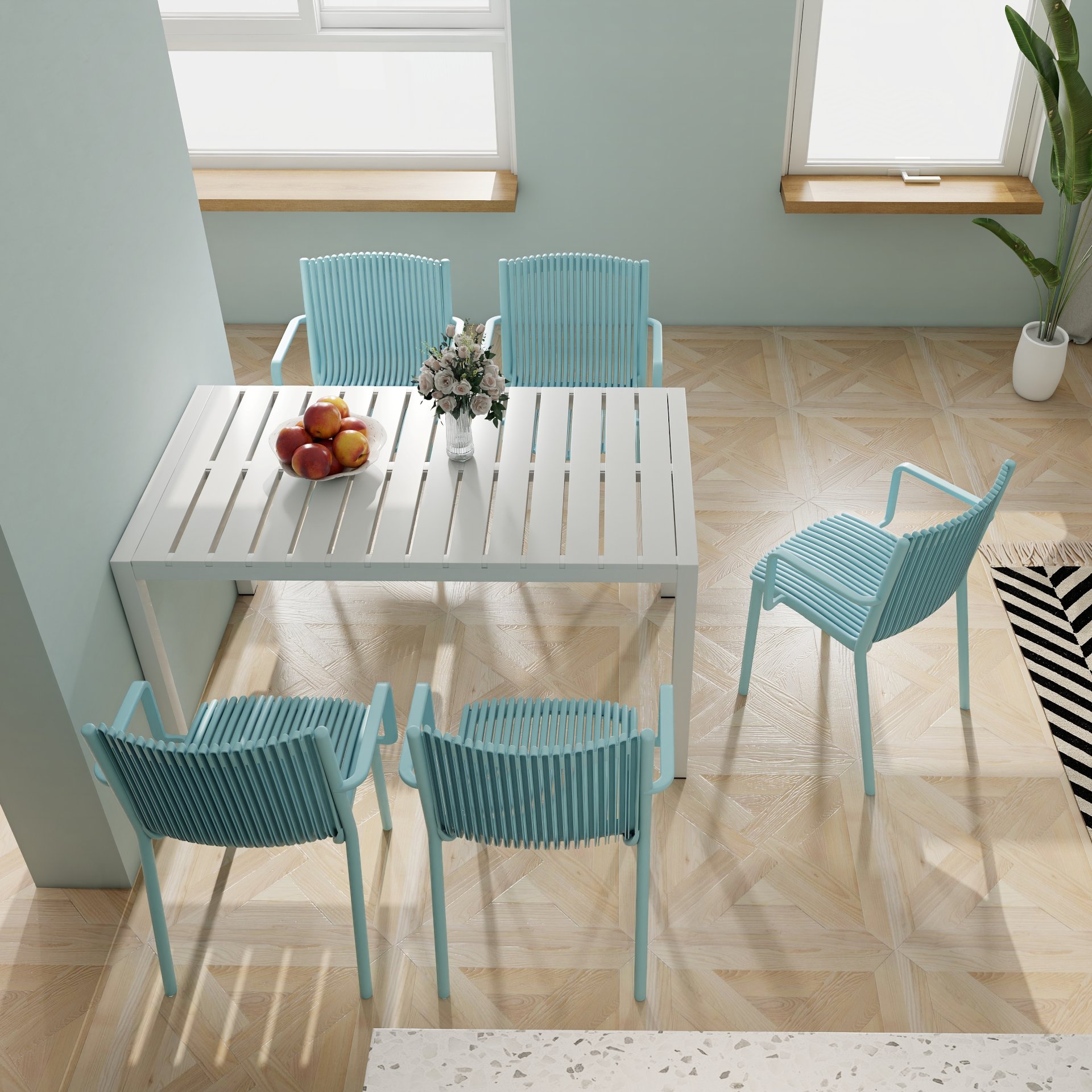 4 Piece Stackable Single Chairs With Vertical Stripe Design For All Weather - Light Blue - Image 4