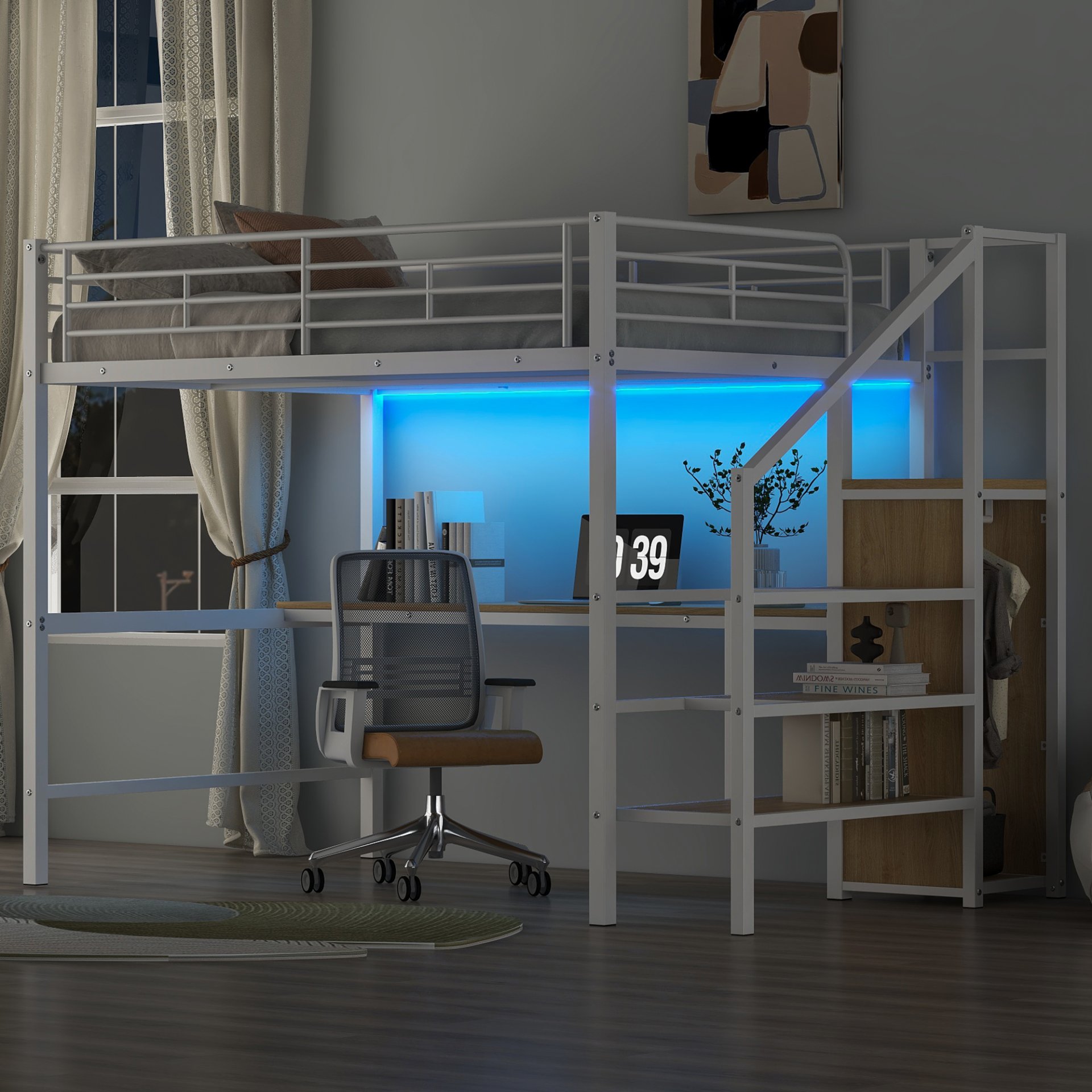 Full Size Loft Bed With Desk, Storage Staircase, Small Wardrobe And LED Light - White - Image 2