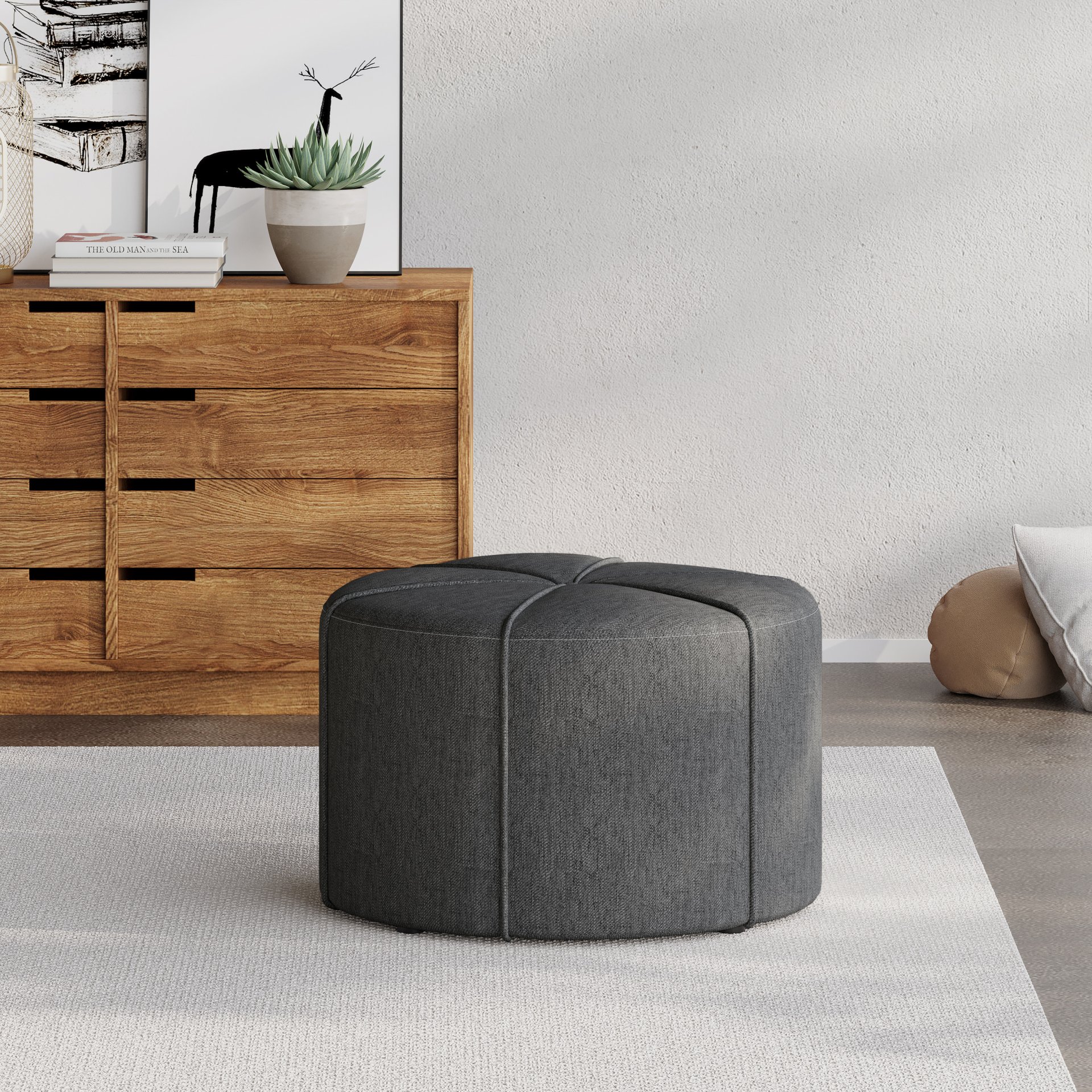 Modern Ottoman With Refined Fabric Upholstery, Solid And Engineered Wood - Charcoal - Image 4