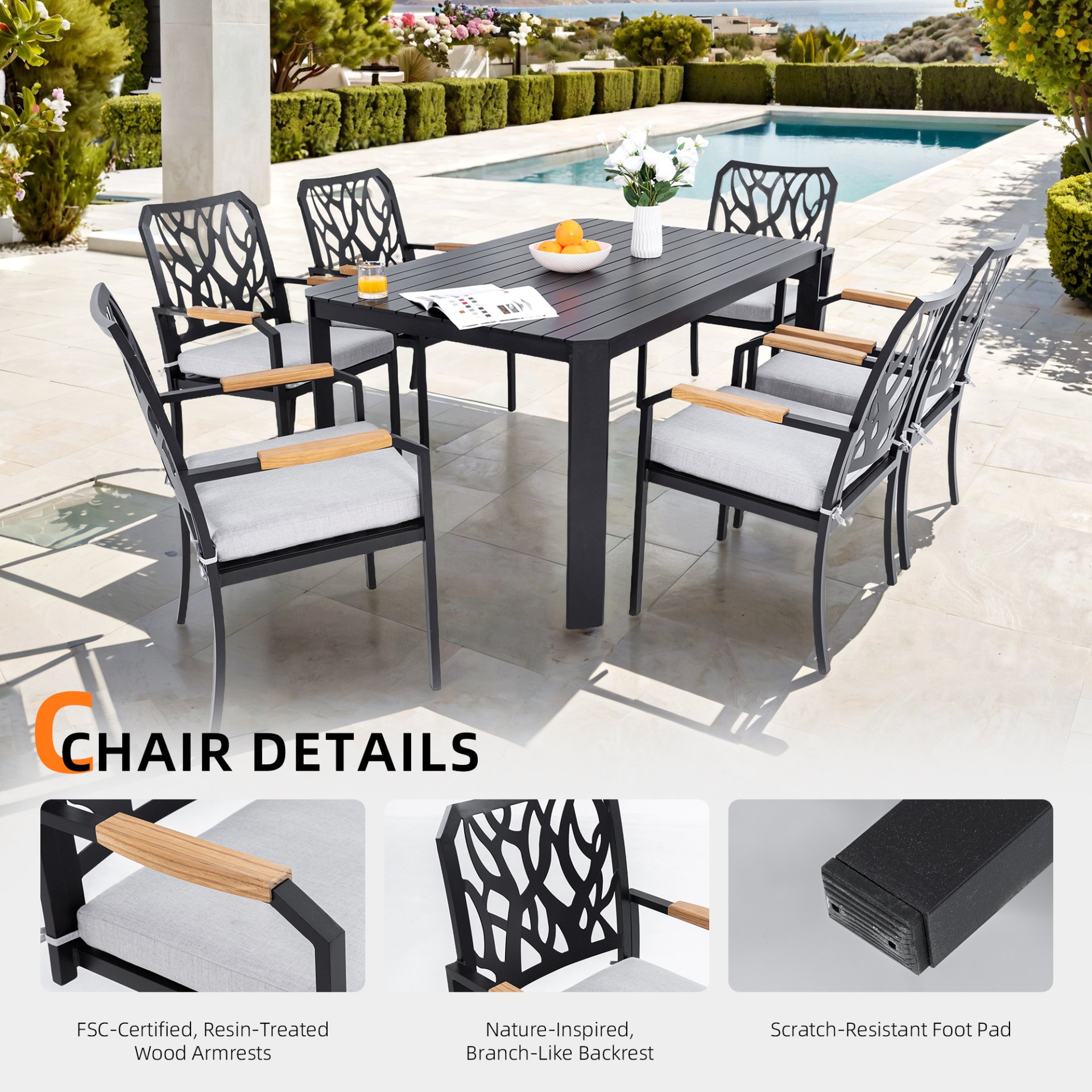 7 Pieces Outdoor Patio Furniture Set, Modern Dining Set With 6 Dining Chairs Sunbrella Fabric, Rectangular Table With Umbrella Hole - Bourbon Brown - Image 8