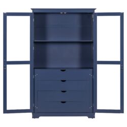 Kitchen Pantry, Freestanding Kitchen Storage Cabinet Display Cabinet With Glass Doors And 4 Built In Drawers For Living Room, Home Office - Blue