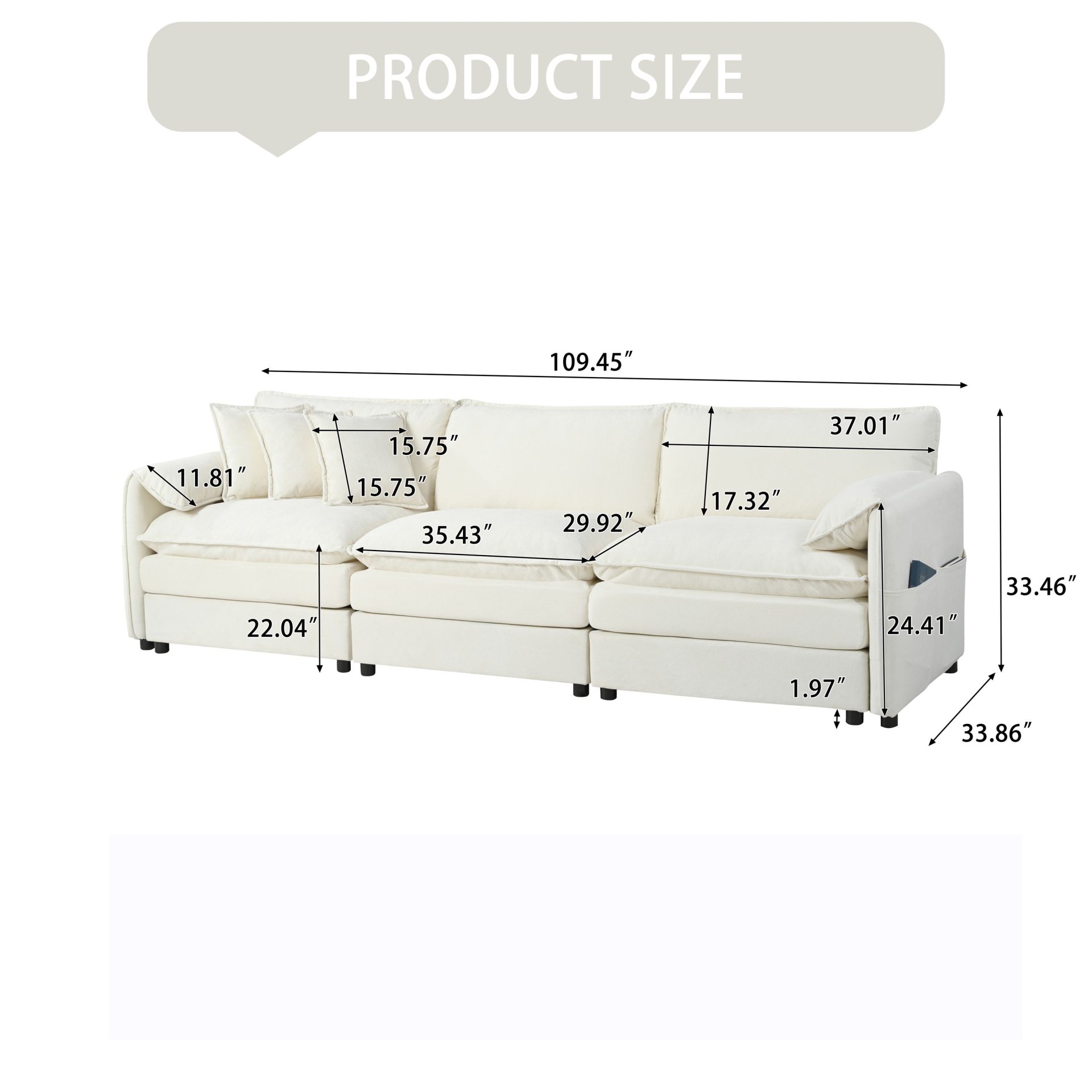 Modern Chenille Oversized Deep Seat Sectional Sofa, Large 3 Seater Modular Sofa With Pillows - Beige - Image 3