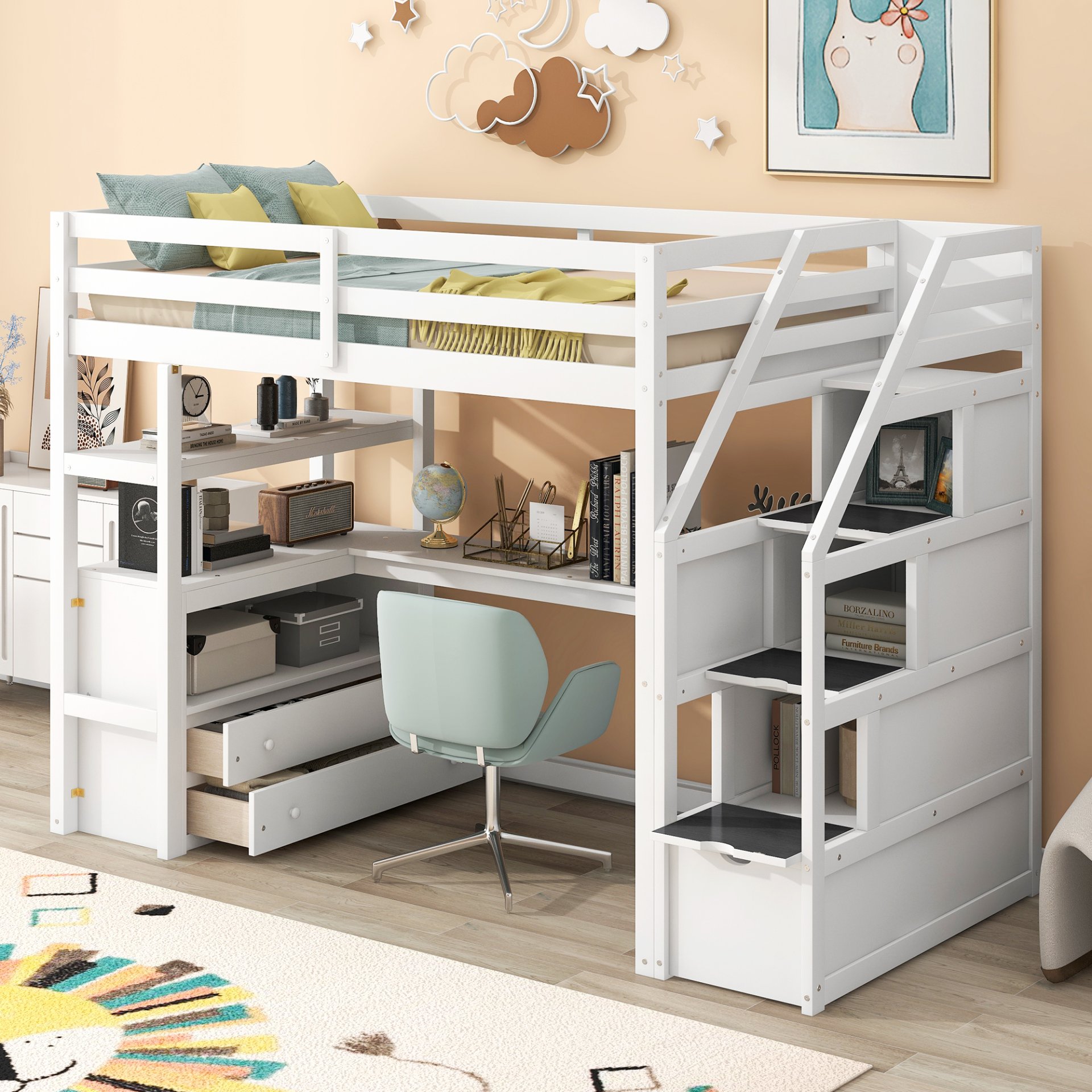 Twin Size Loft Bed With Built In Desk, Shelves, Drawers, And Storage Staircase - White - Image 2