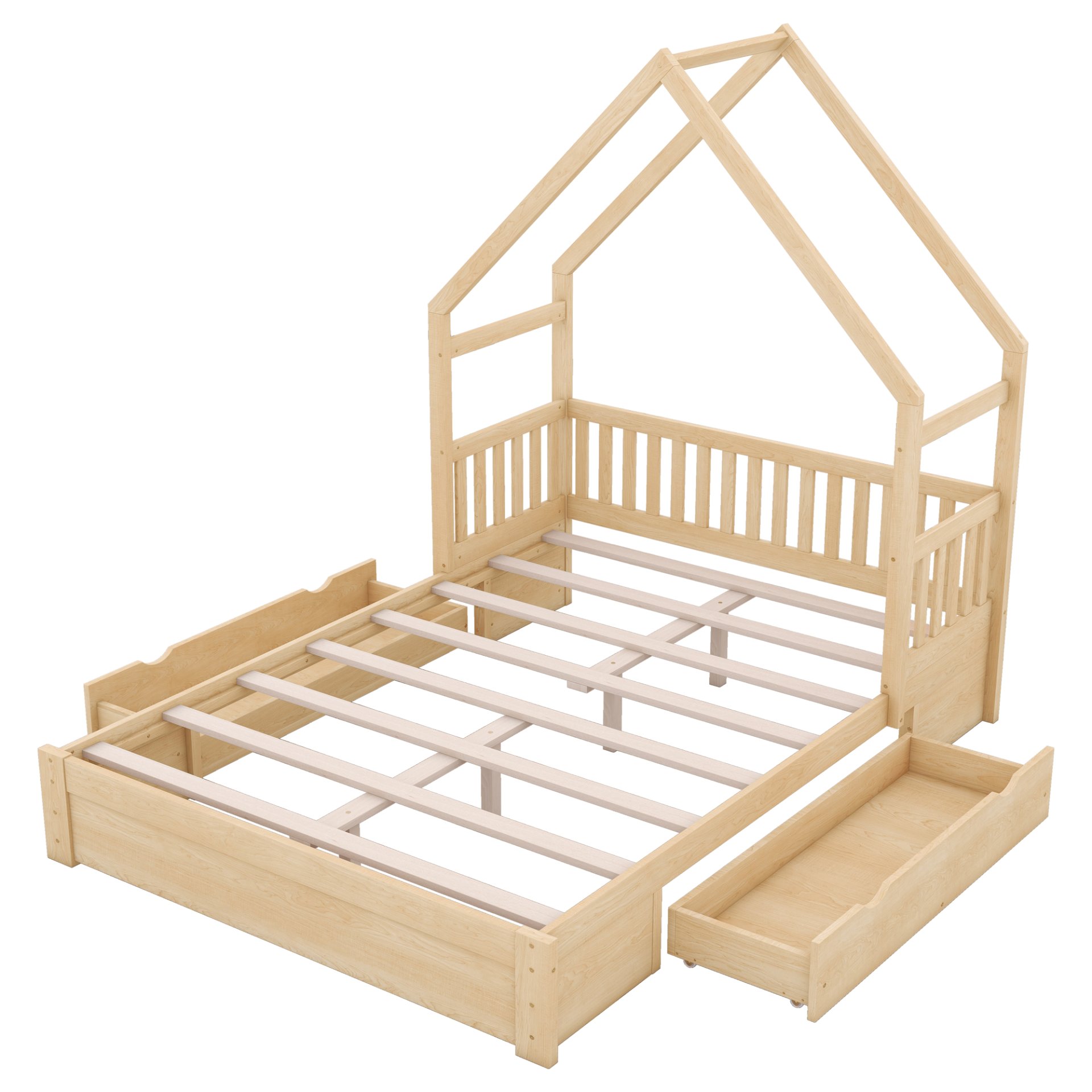 Queen Size House Platform Bed With Guardrail And 2 Drawers - Natural - Image 11