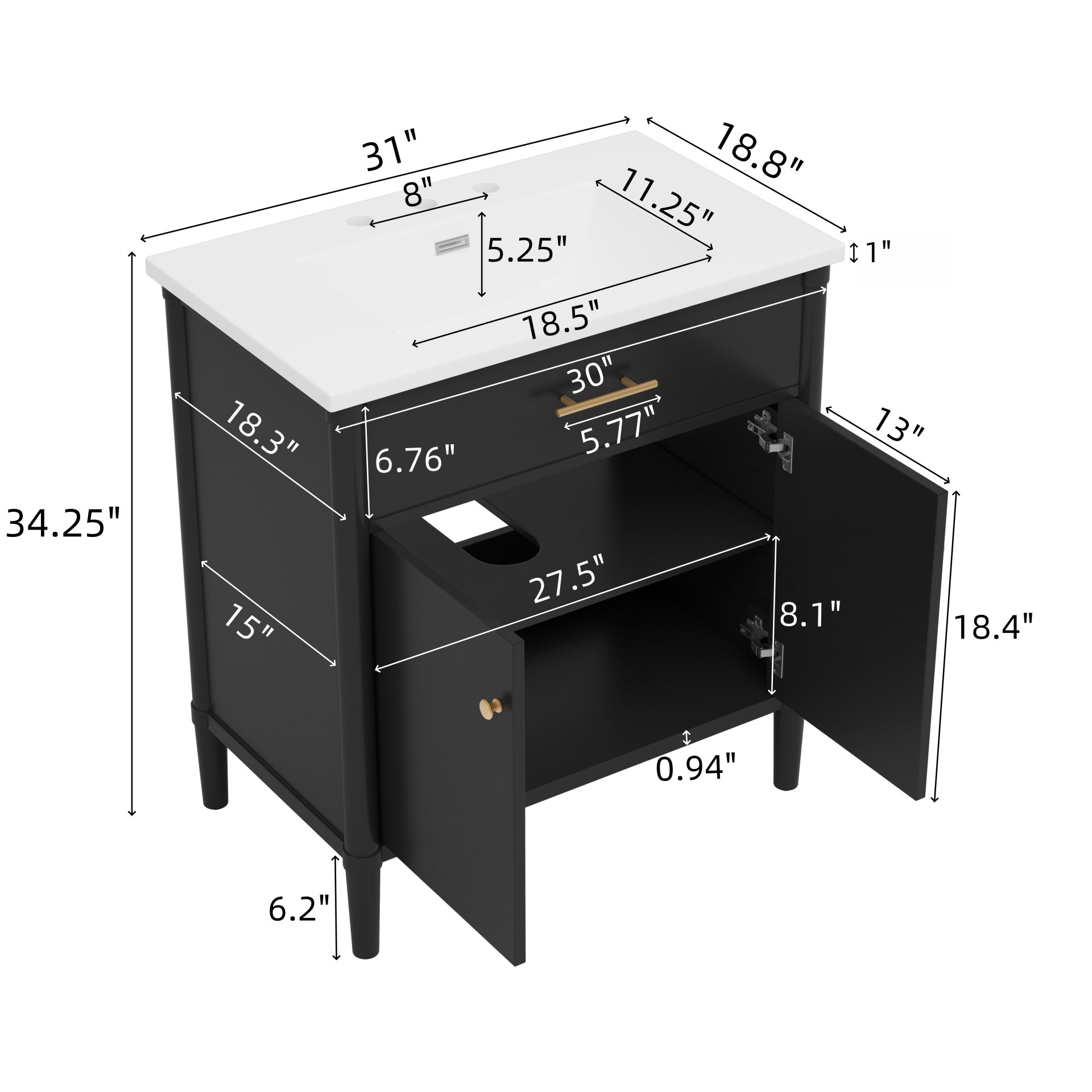 Bathroom Vanity With Sink, Soft Close Doors And Adjustable Shelf, Curved Profile Design - Black - Image 3