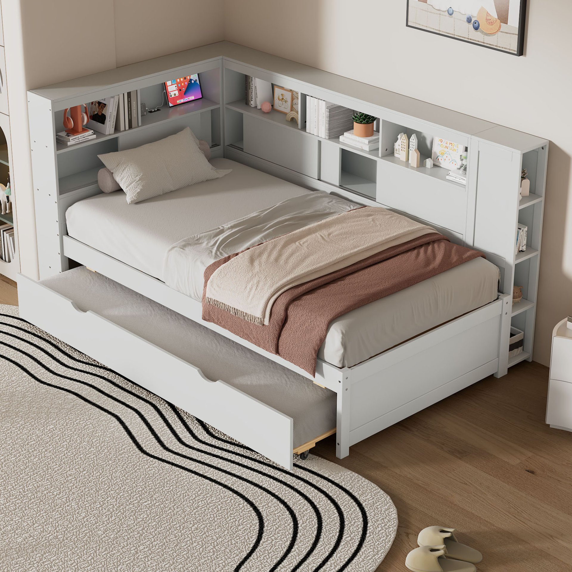 Twin Size Daybed With Storage Shelves, USB Charging, And Trundle Bed - White - Image 5