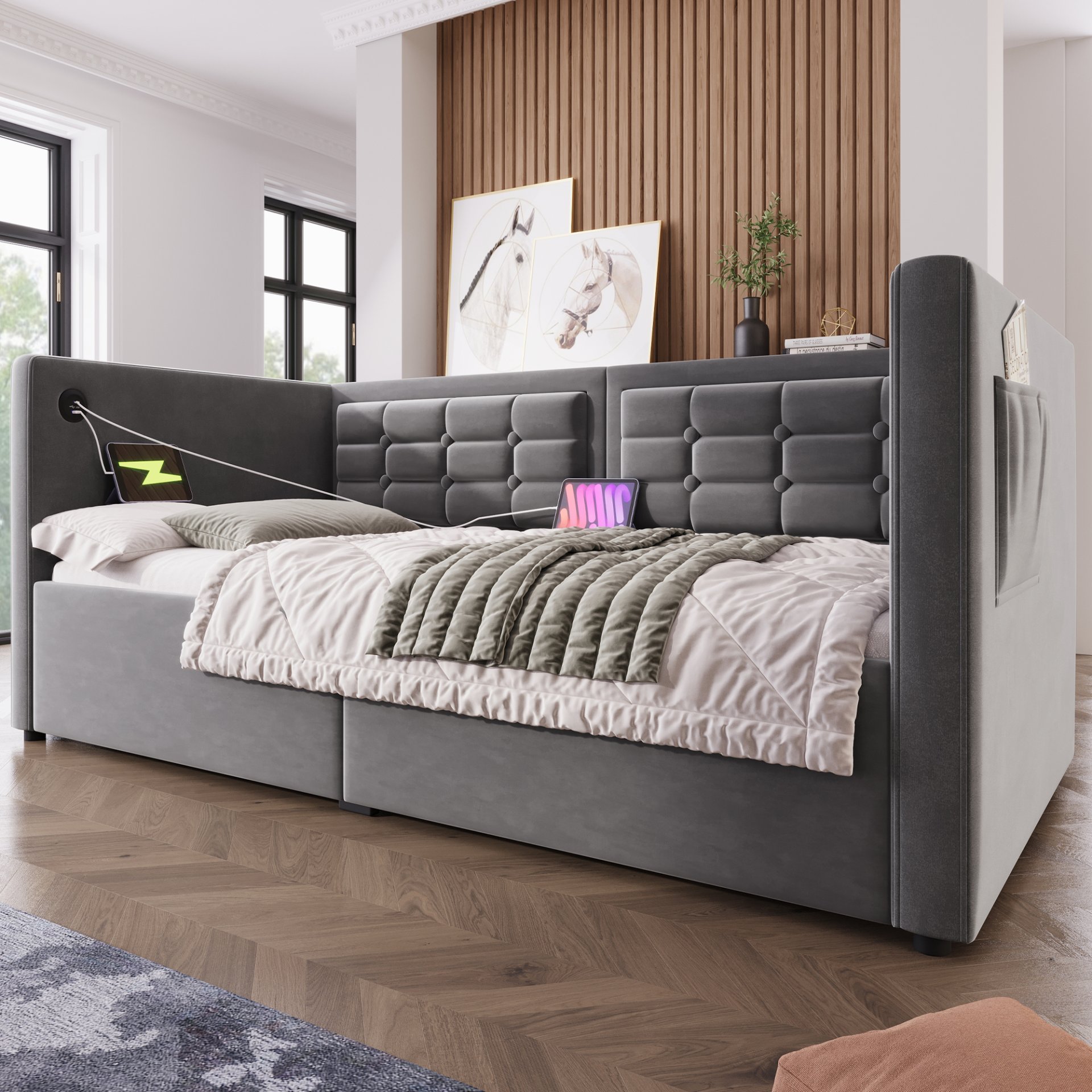 Twin Size Upholstered Hydraulic Storage Daybed With USB & Type C Charging - Gray - Image 15