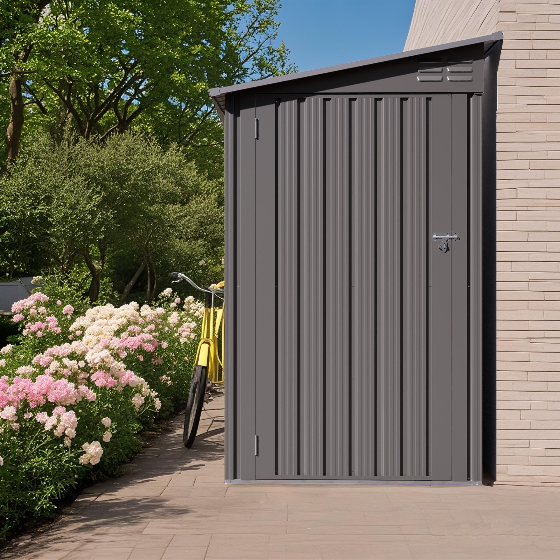 Metal Outdoor Storage Shed 4 X 9 Ft With Sloping Roof, Vents, And Side Door - Gray - Image 11