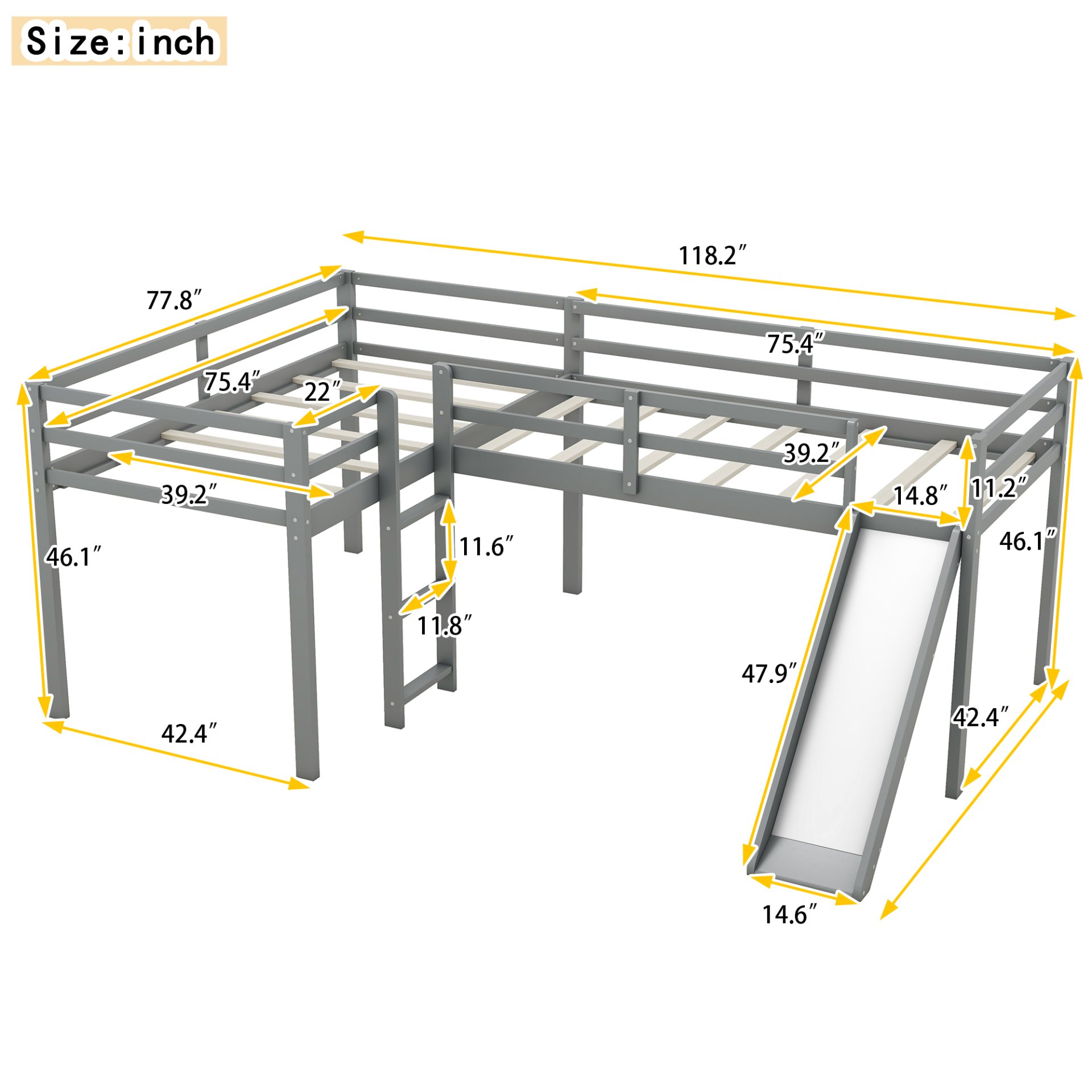 L-Shaped Twin Size Loft Bed With Ladder And Slide - Gray - Image 3