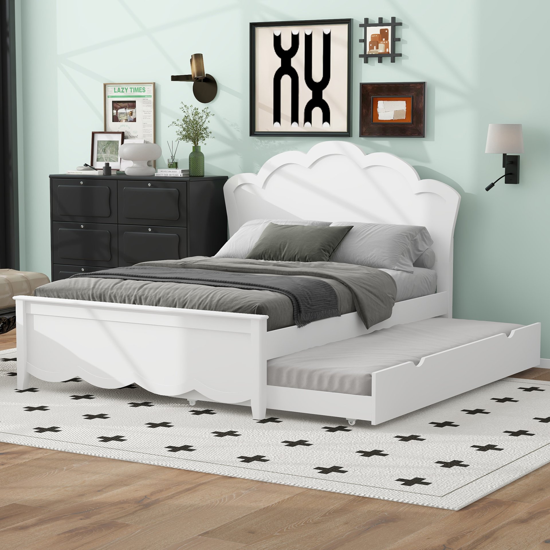 Full Size Platform Bed With Headboard And Twin Trundle - White - Image 2