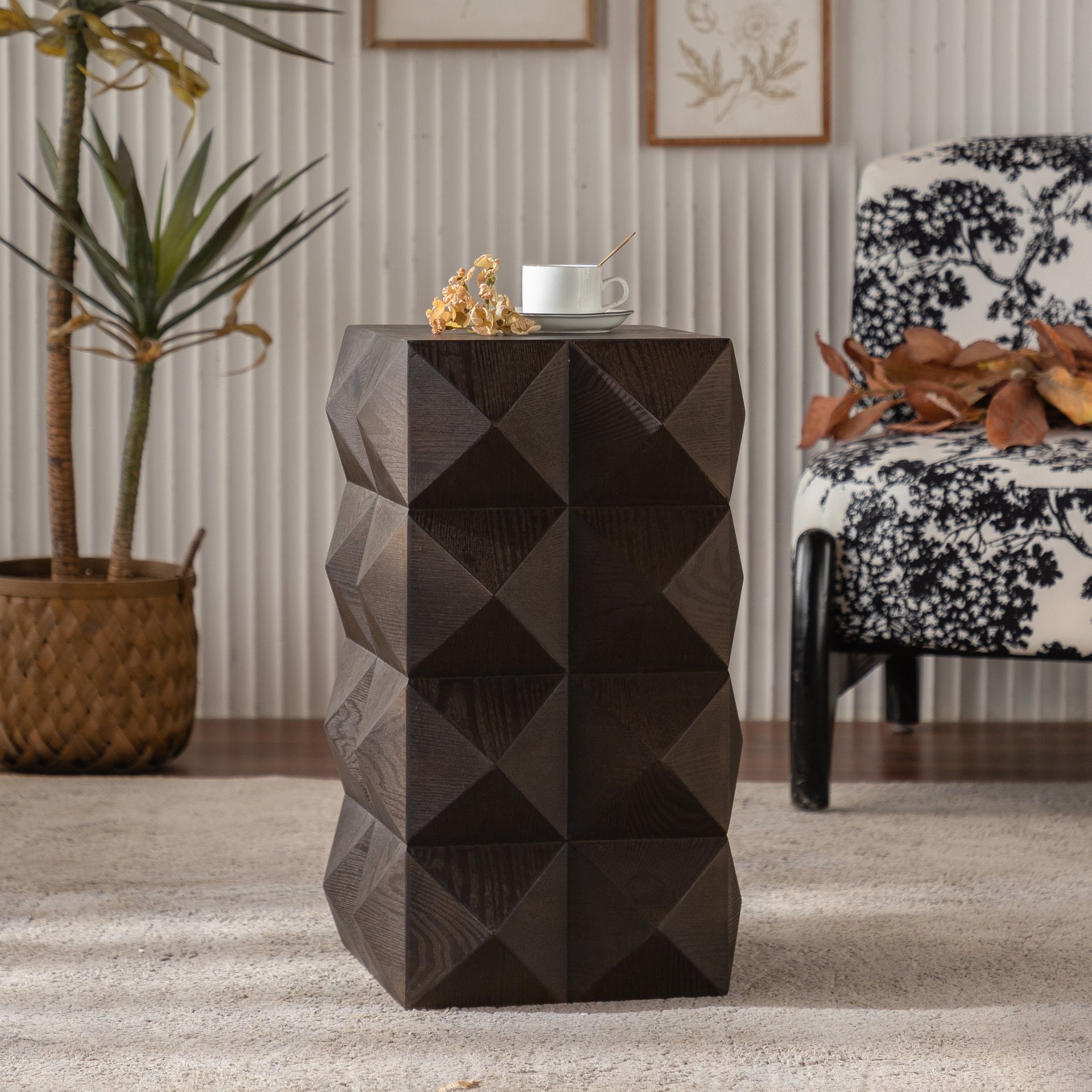 Side Table With 3D Embossed Pattern Design - Brown - Image 2