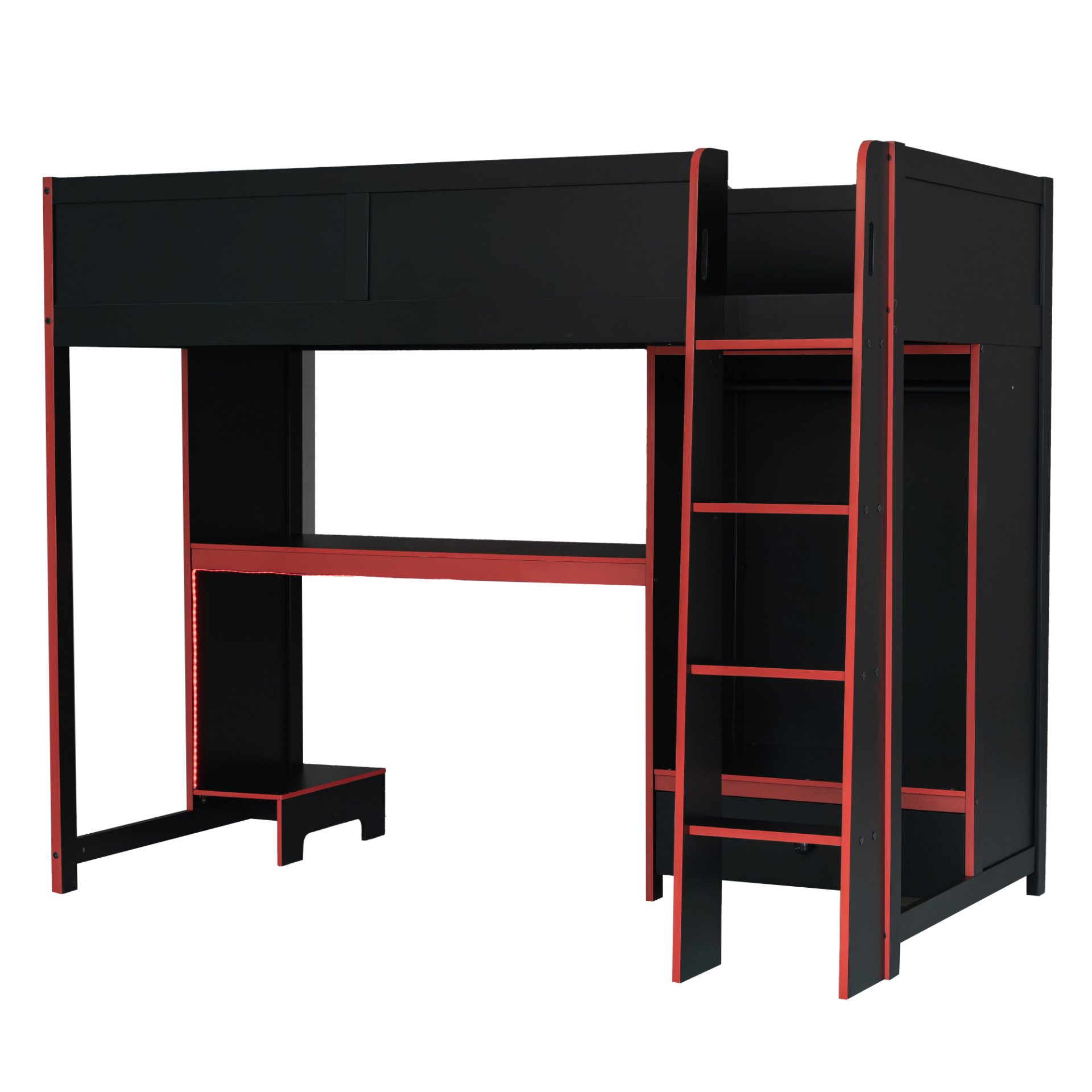 Twin Size Gaming Loft Bed With Built In Desk, Wardrobe, LED Lighting And Drawer - Black - Image 11