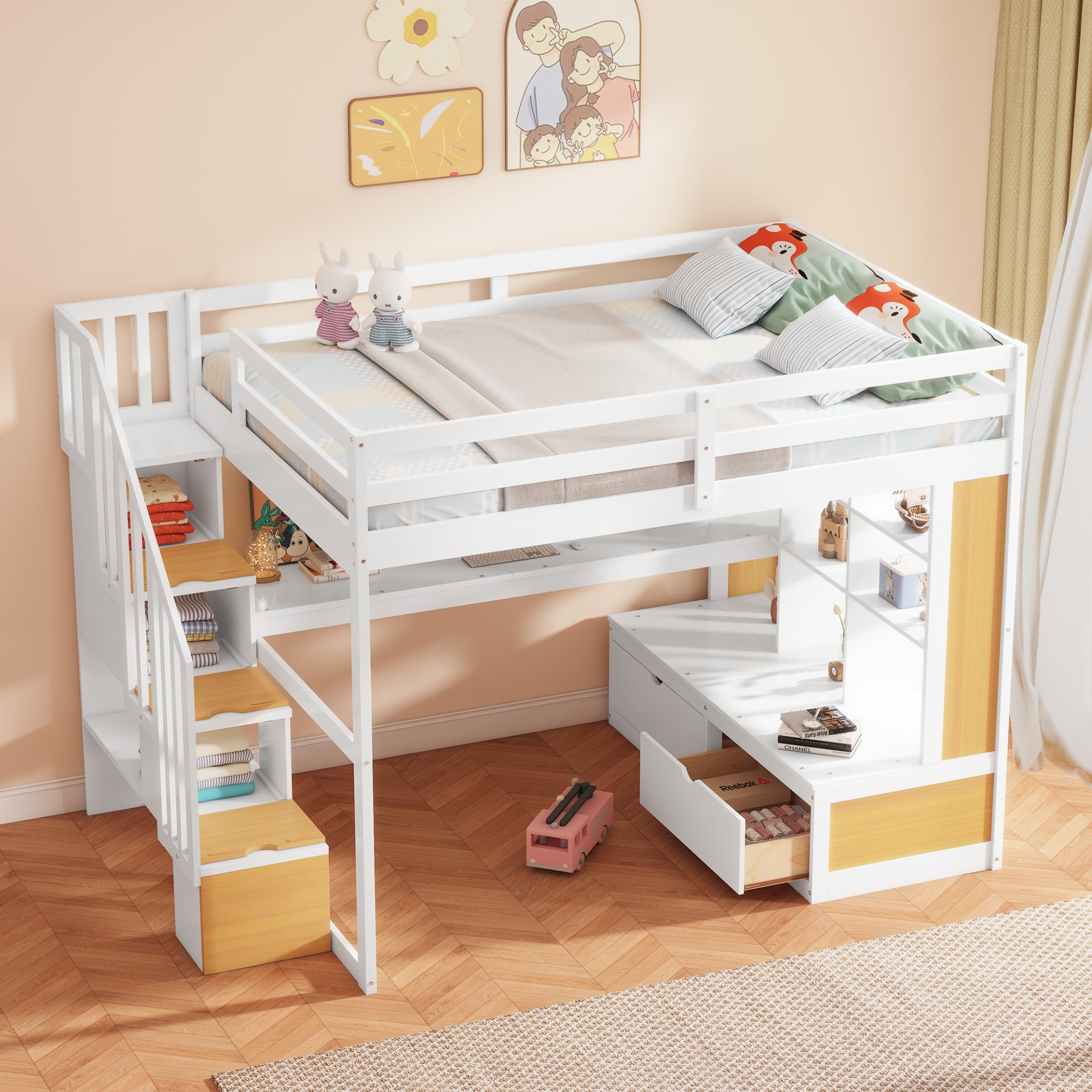 Full Size Loft Bed With Desk And Shelves, 2 Built In Drawers, Storage Staircase - Natural / White - Image 5