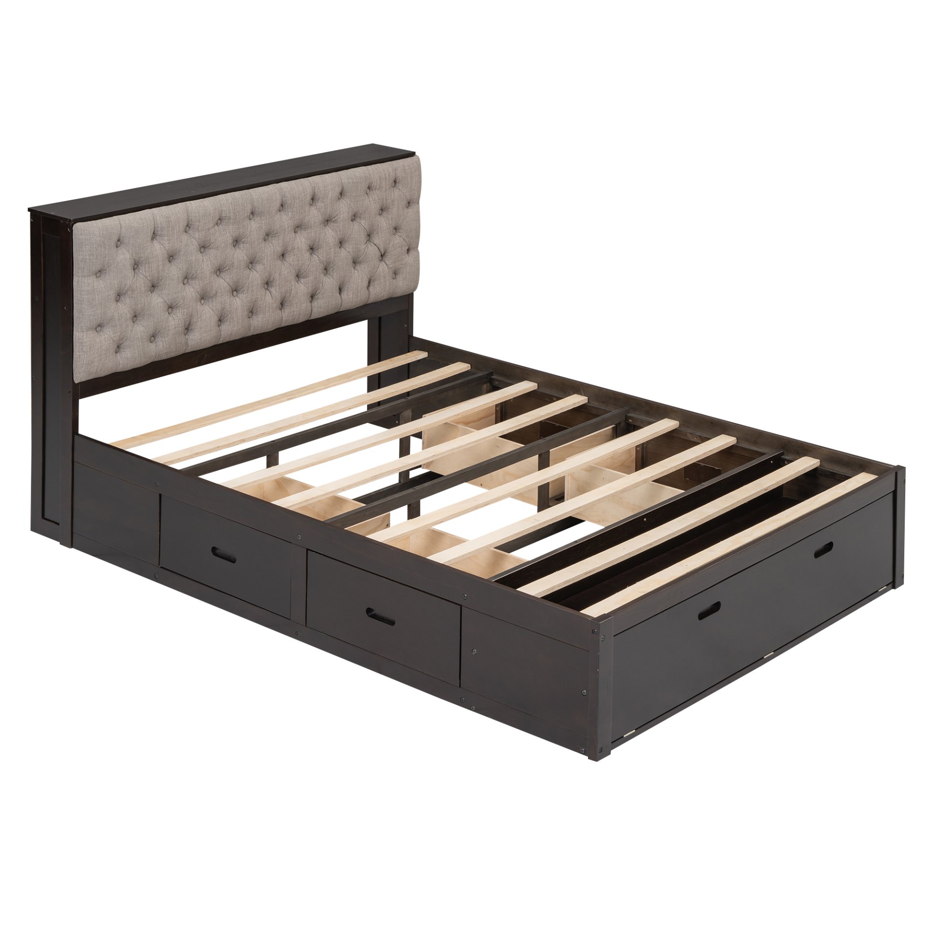 Queen Size Platform Bed With Storage Headboard, Shoe Rack And 4 Drawers - Espresso - Image 14