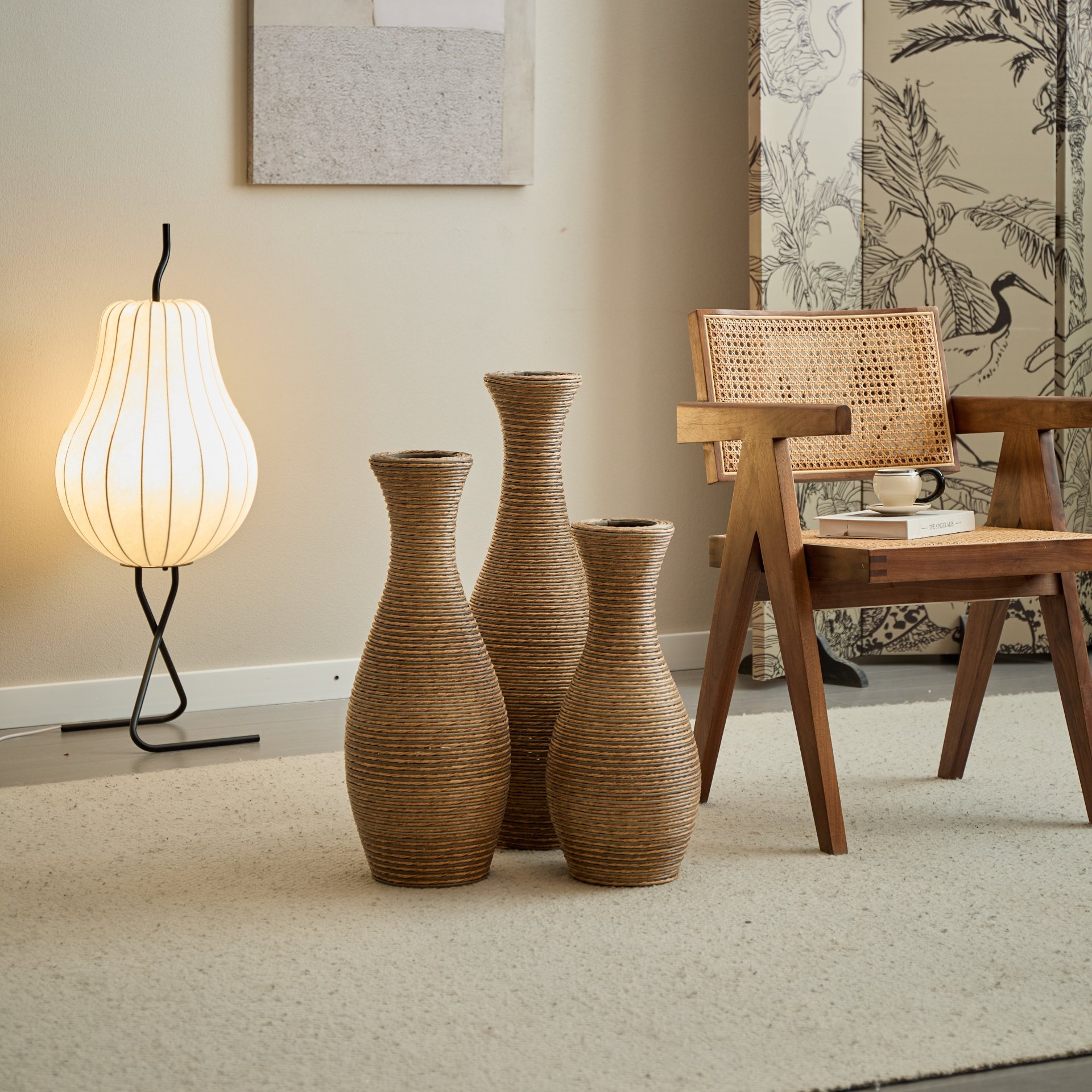 3 Piece Artificial Rattan Floor Vase Set Decorative Accent For Living Room, Hallway & Entryway, Ideal For Dried Or Silk Flower Arrangements - Beige - Image 14