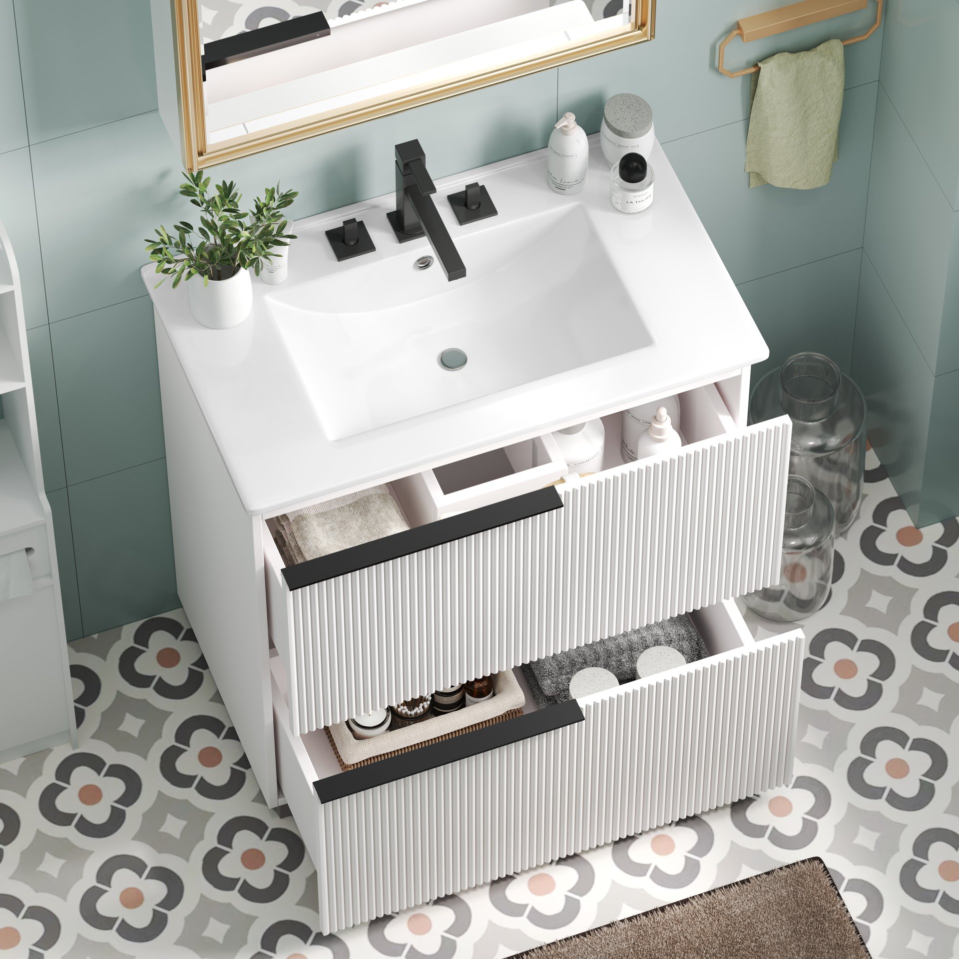 Fluted Bathroom Vanity With Sink, Full Extension Drawers, Soft Close Slides - White - Image 5
