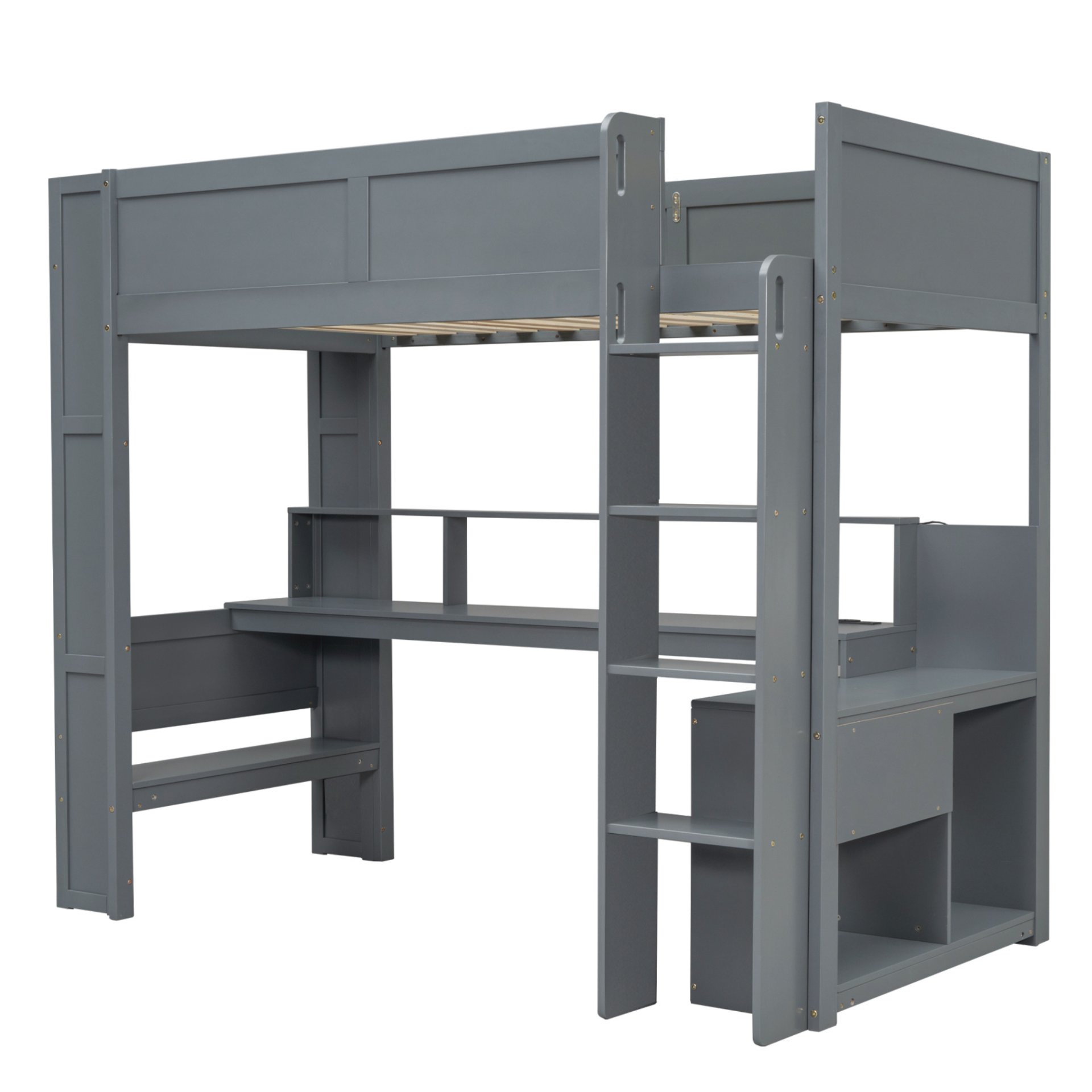 Twin Size Gaming Loft Bed With Desk, Multi Storage Shelves, LED And Charging Station - Dark Gray - Image 4