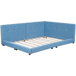 Upholstered Queen Size Platform Bed With USB Ports And LED Belt - Blue