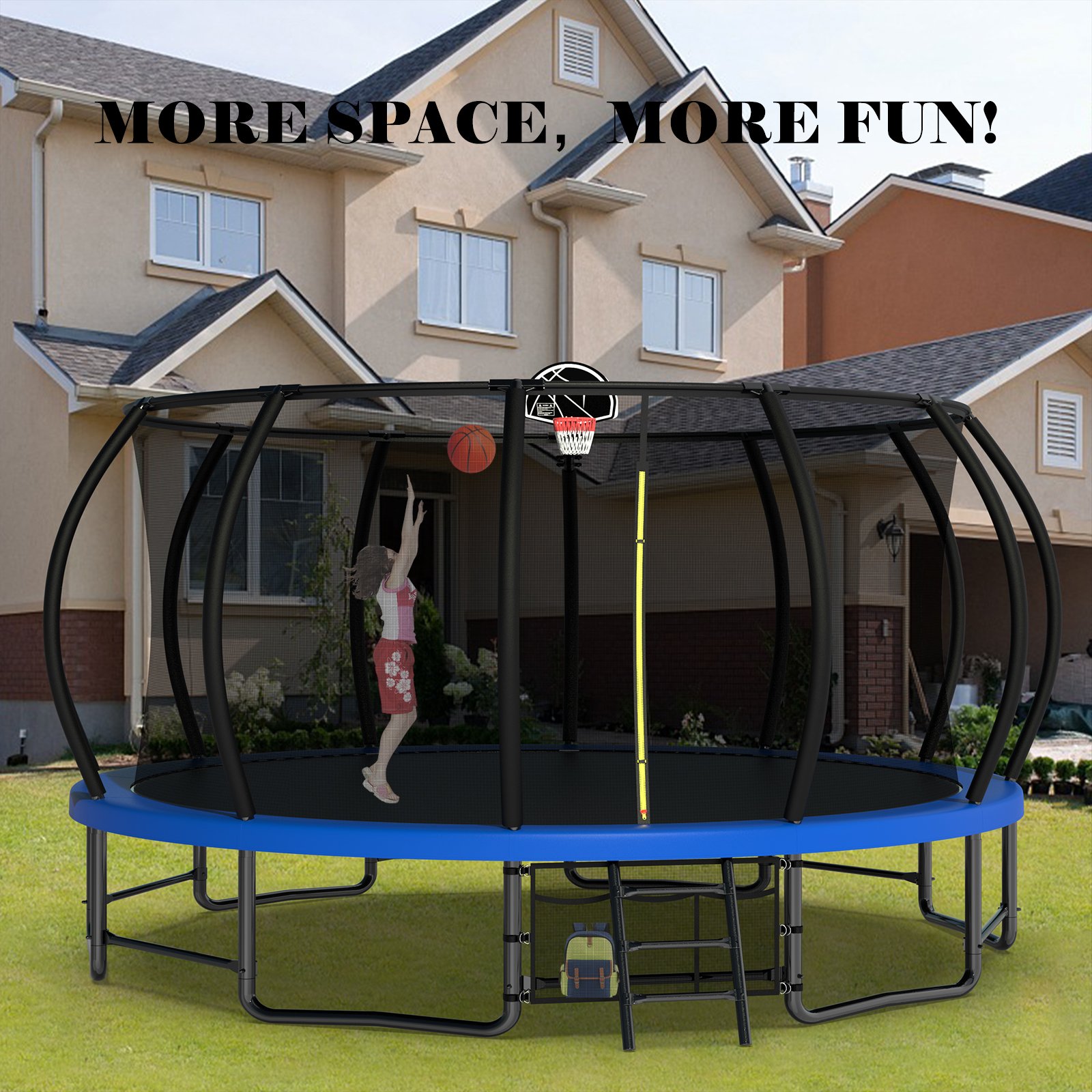 Outdoor Trampoline For Kids And Adults, Pumpkin Trampolines With Curved Poles, Heavy Duty Trampoline Anti-Rust Coating Astm Approval - Blue - Image 11