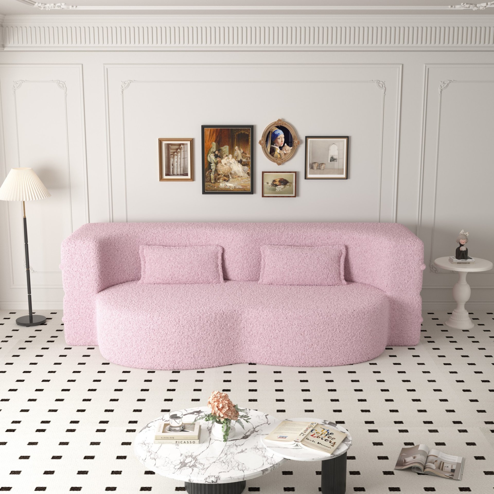 Modern Floor Sofa With 2 Pillows, Convertible Teddy Fabric Foam Filled Sleeper Sofa Bed, Full Size Folding Mattress For Living Room Guest Bed, Playroom, No Assembly Required - Pink - Image 4