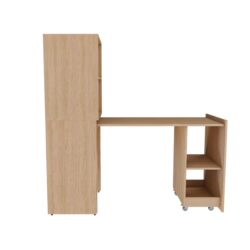 Stretchable Office Desk With Storage Shelves And Mobile Wheels, Foldable Design For Small Apartments - Natural Wood
