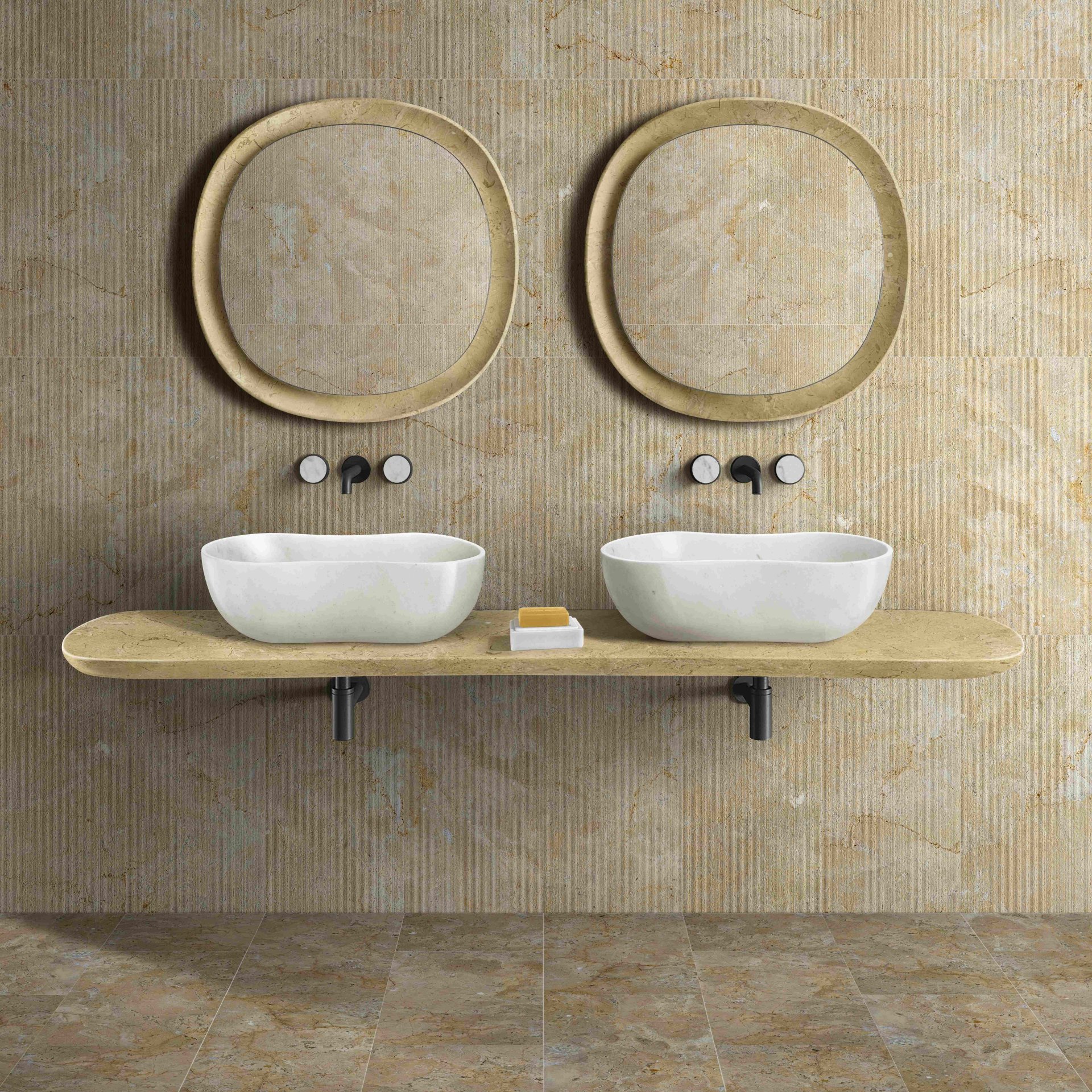 Bathroom Vessel Sink, Wavy Design, Semi Polished Surface - White / Natural - Image 5