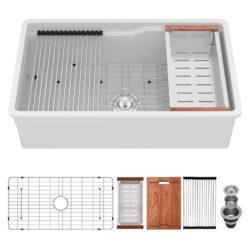 32" Undermount Workstation Single Bowl Kitchen Sink Rectangular Deep Bas With Dual Mount Installation - White