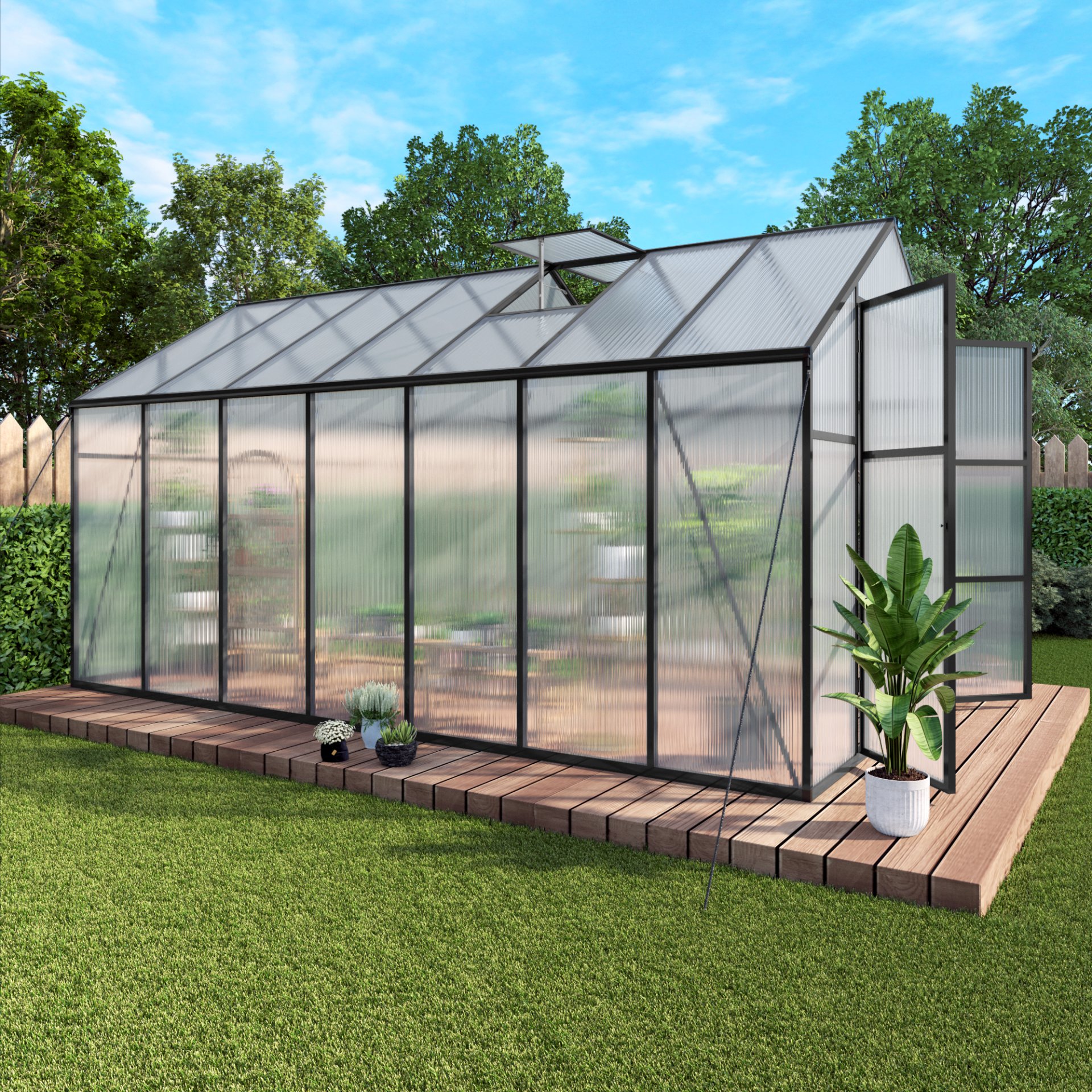 Gain Height Windproof Greenhouse 8 X 14 Ft Polycarbonate With Raised Base And Anchor Alloy Frame, All Season Outdoor Garden Shelter - Black - Image 7