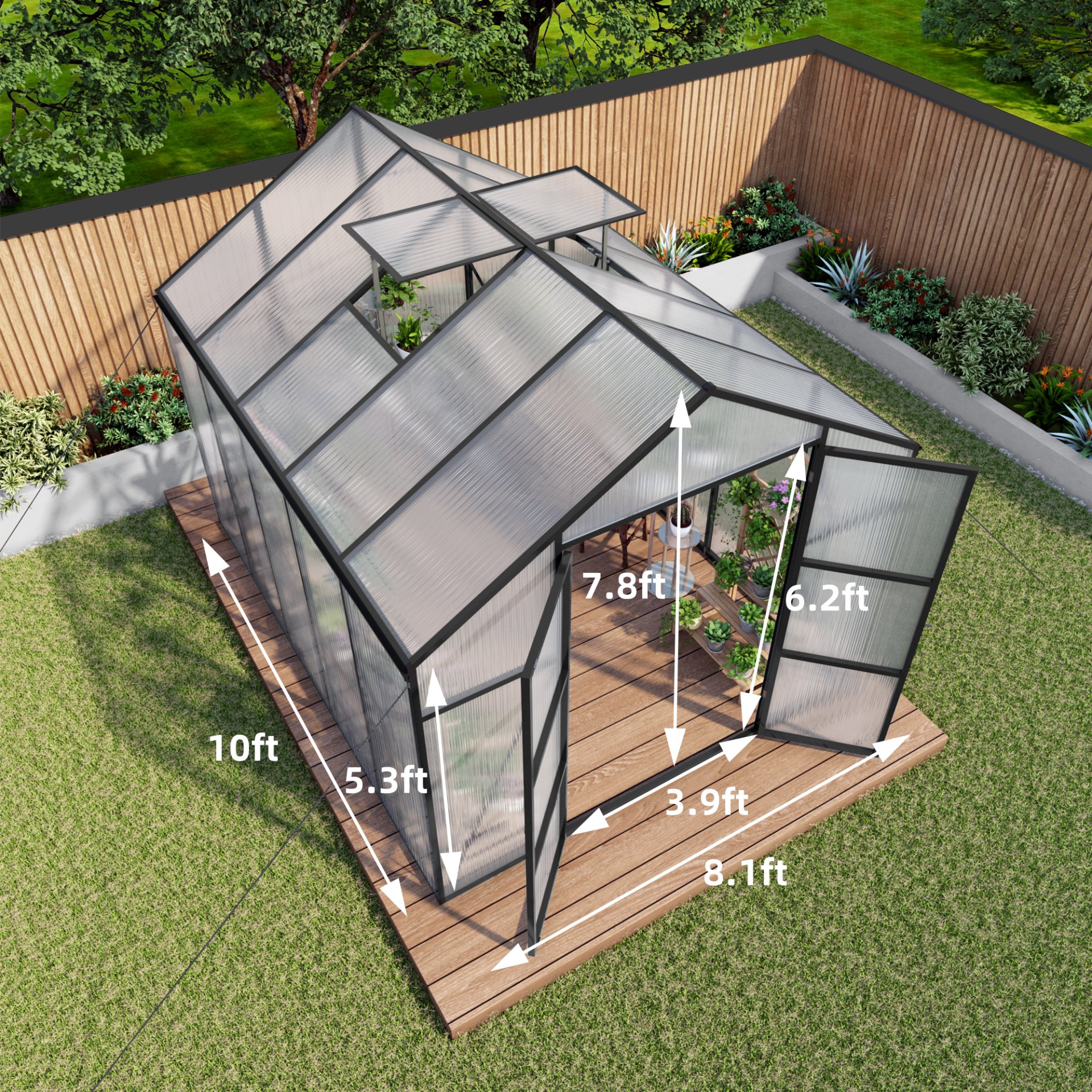 Frame Greenhouse 8 X 10 Ft Polycarbonate Heavy Duty Walk In Garden Greenhouse For Backyard In All Seasons - Black - Image 7